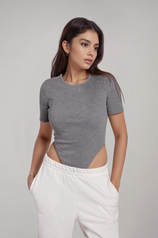 Women's Grey Melange Short-Sleeved Camisole Bodysuit with Snap Closure