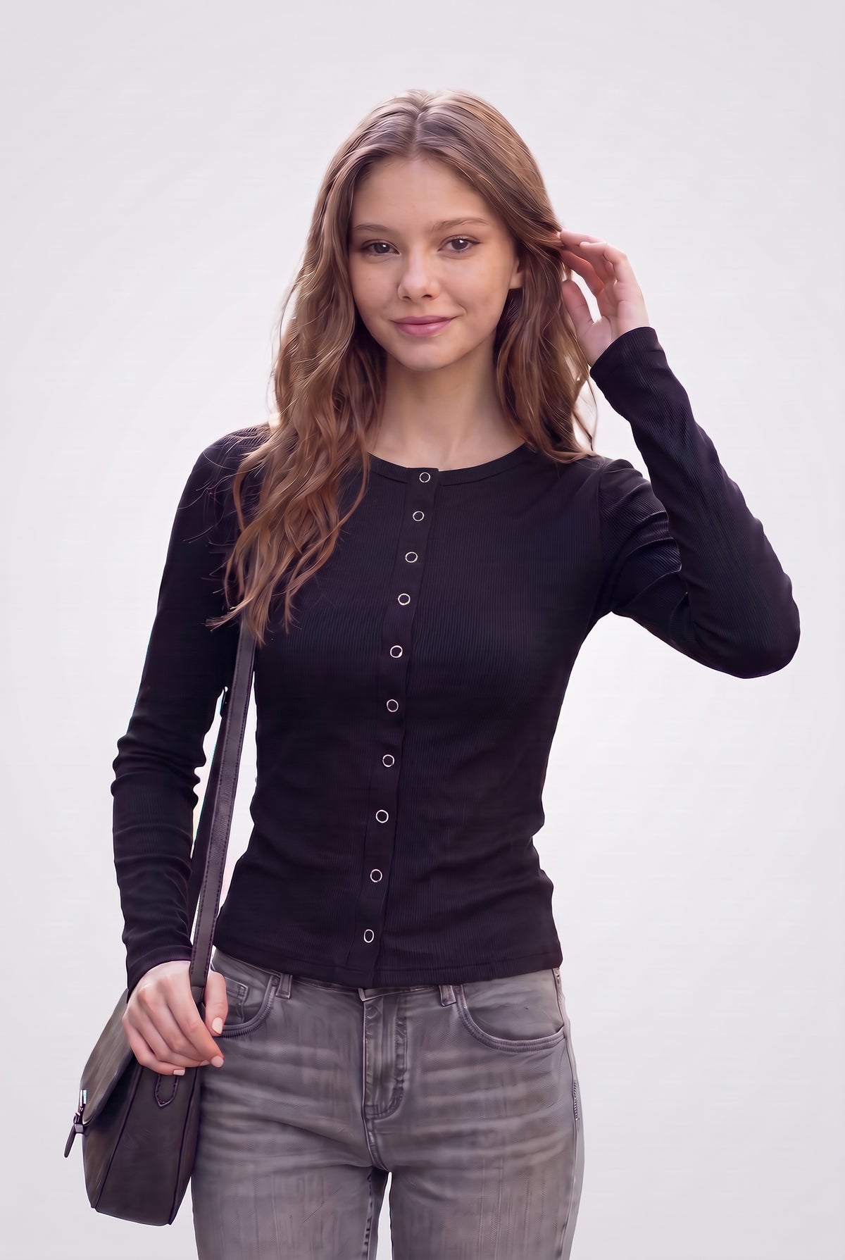 Önü Çıtçıtlı Ribanalı Slim Fit Bluz