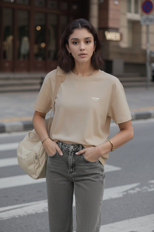 Kadın Fencing Love Baskılı Oversize Bej Tshirt