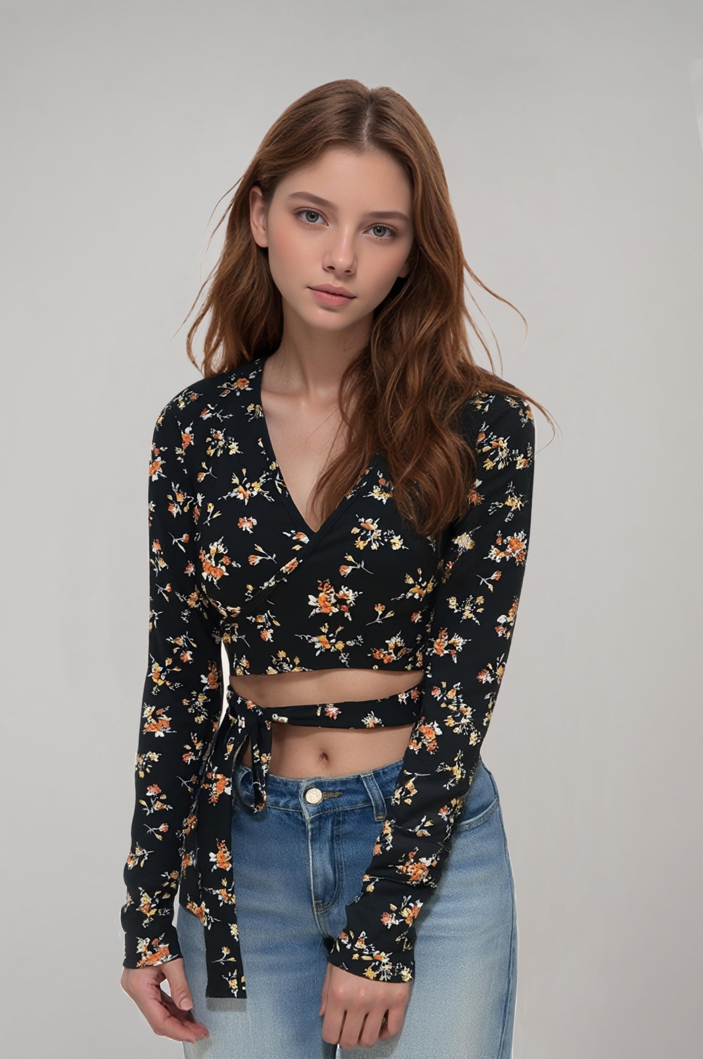 Women's Crop Blouse with Tie-Depth Floral Pattern in Black