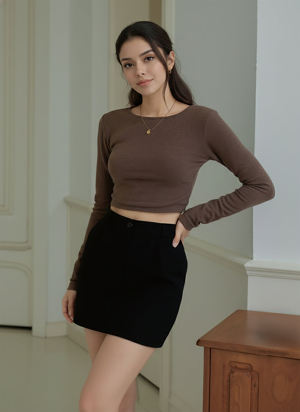 Kadın Kahverengi Sırt Detaylı Yumoş Crop Bluz