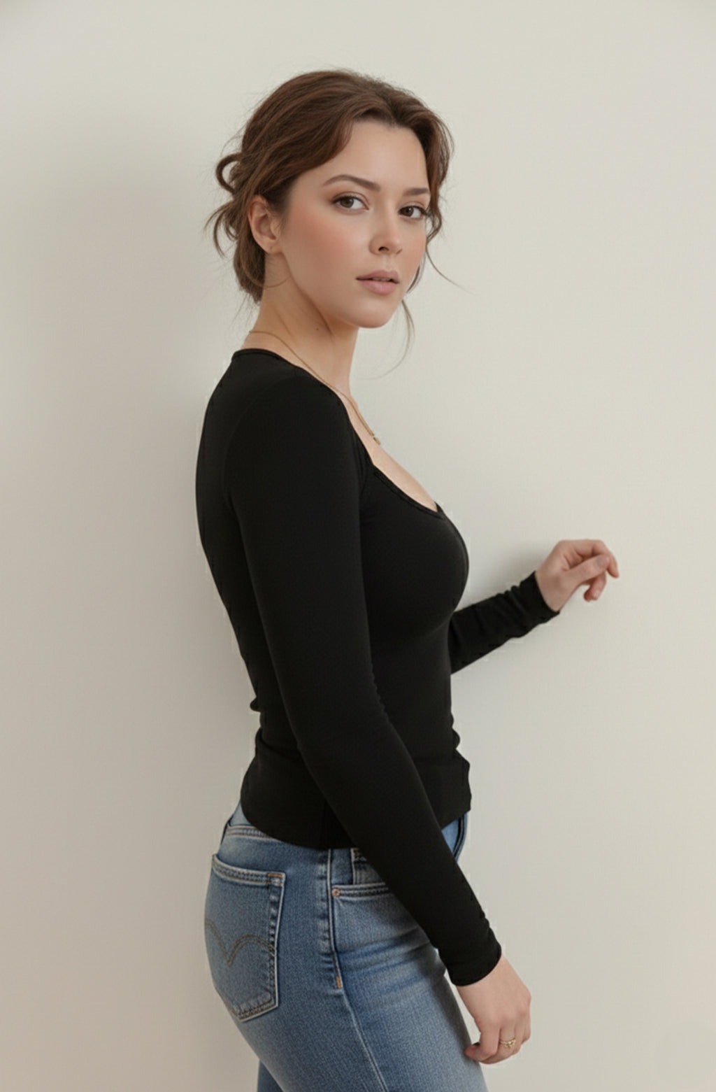 Kadın Kare Yaka Uzun Kollu Siyah Bluz