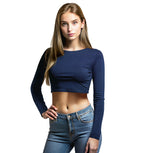 Women's Navy Blue Long-Sleeve Crop Blouse 
