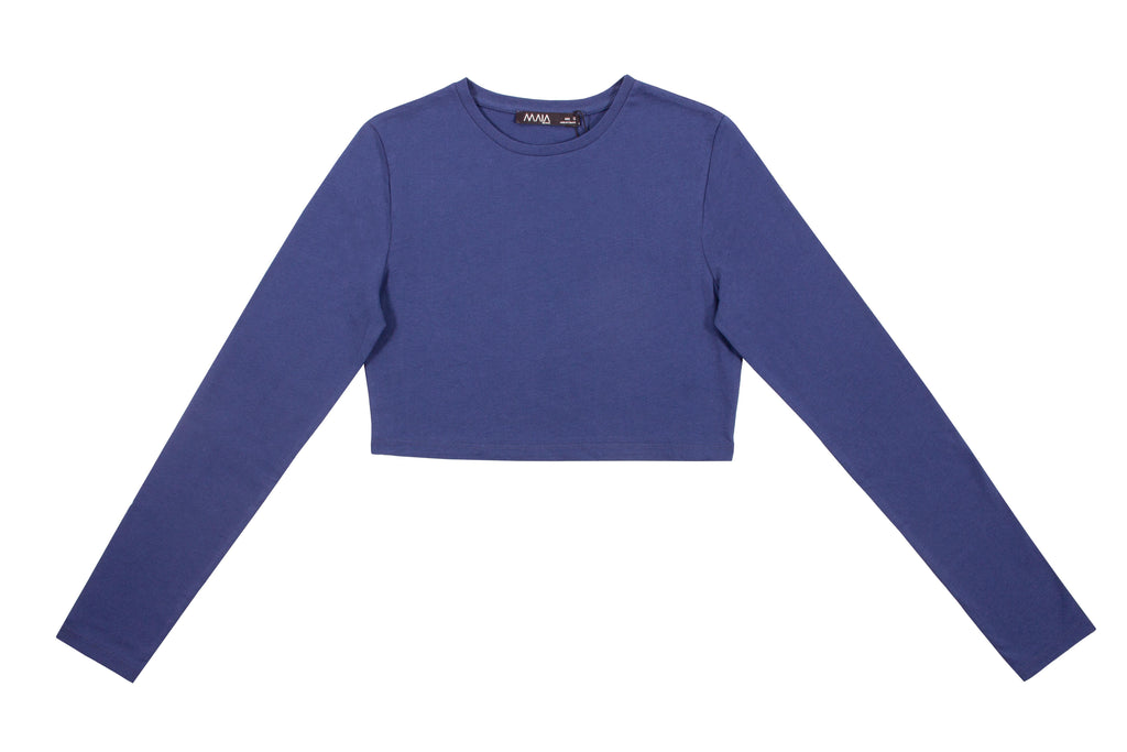 Women's Navy Blue Long-Sleeve Crop Blouse 