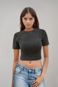 Kadın Yumuşak Dokulu Koyu Gri Kısa Kollu Bluz