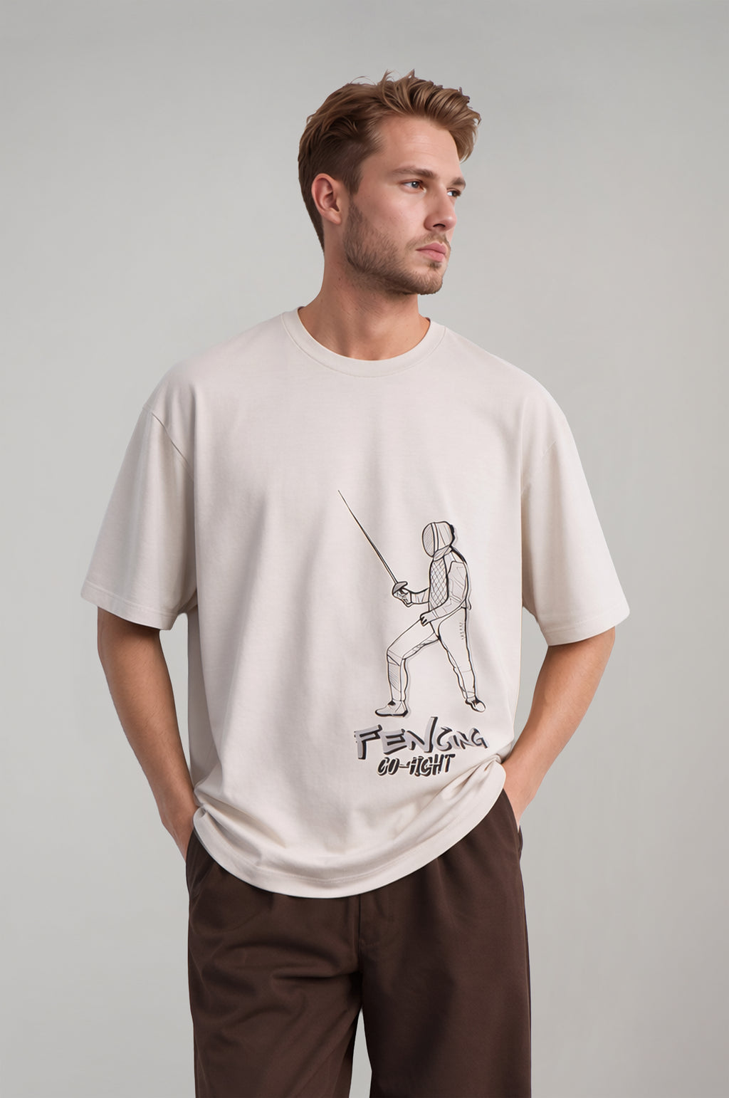 Erkek Fencing Baskılı Oversize T-shirt