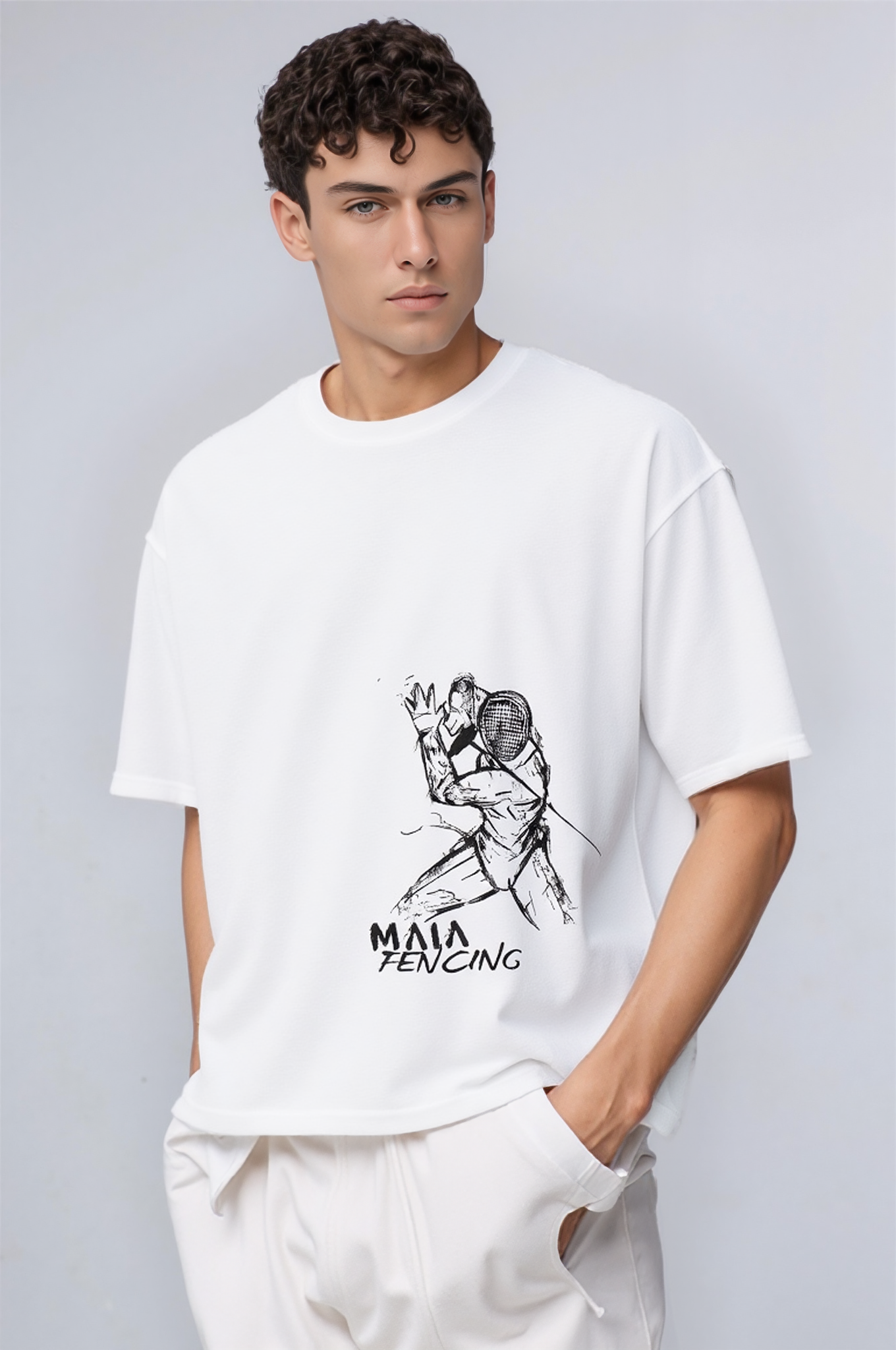 Erkek Beyaz Renkli Fencing Kabartma Baskılı Oversize Tişört