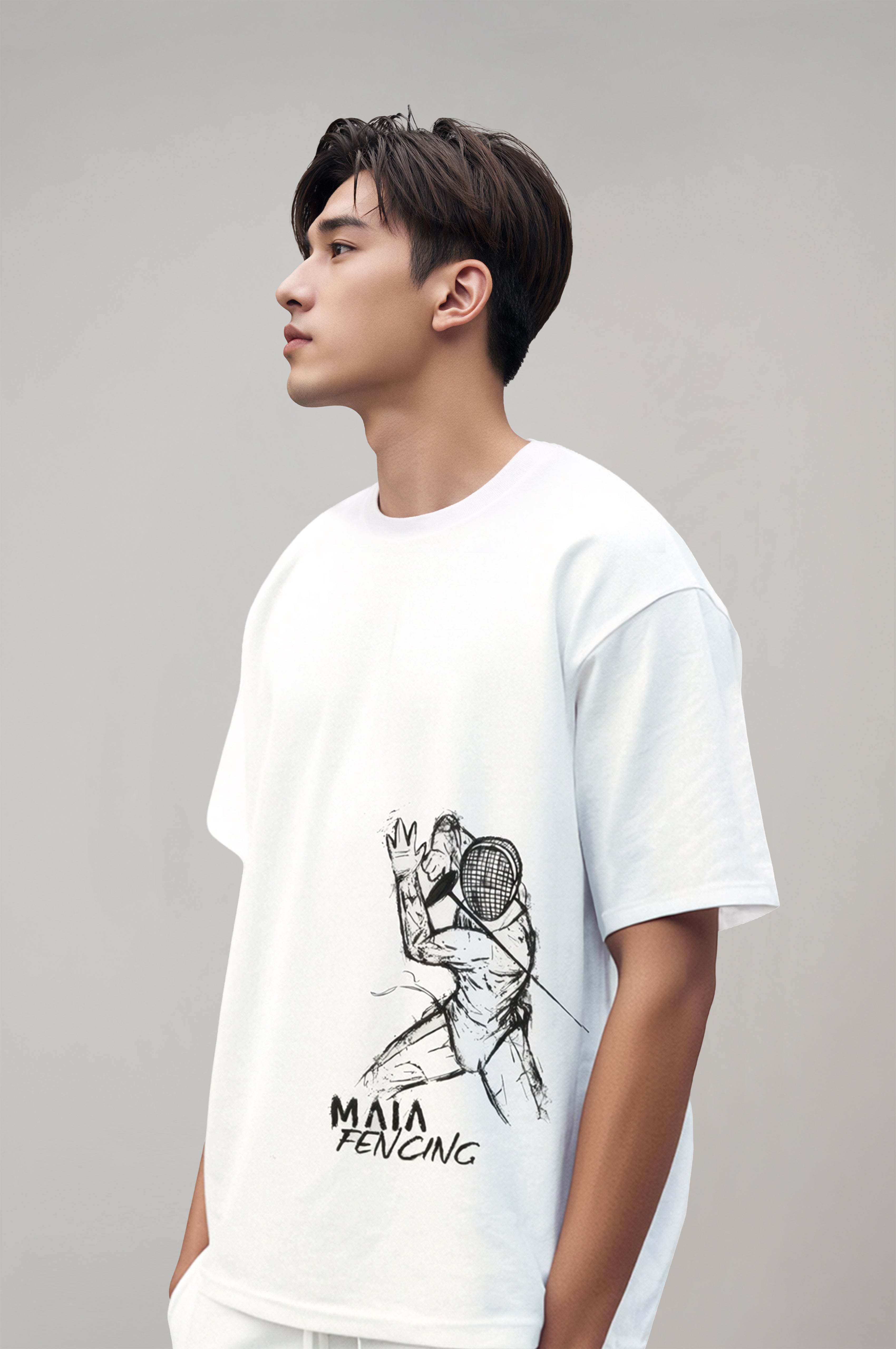 Erkek Beyaz Renkli Fencing Kabartma Baskılı Oversize Tişört