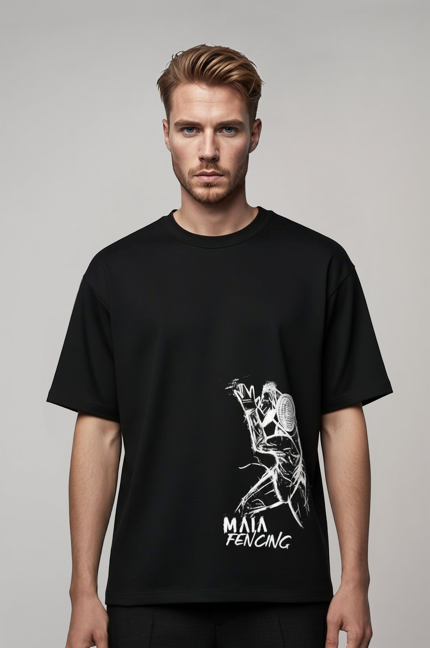 Men's Black Fencing Embossed Oversize T-Shirt 