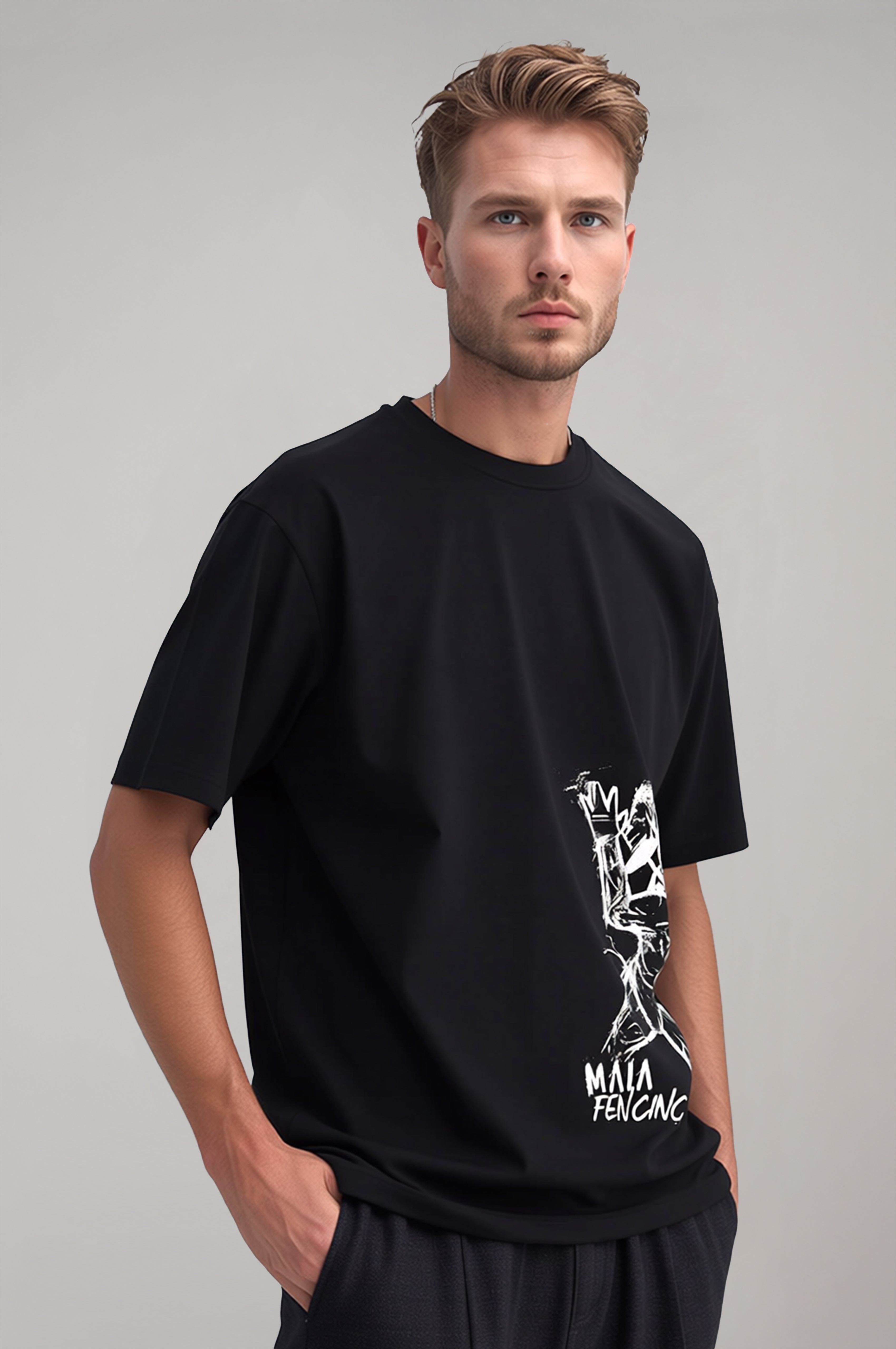 Erkek Siyah Renkli Fencing Kabartma Baskılı Oversize Tişört