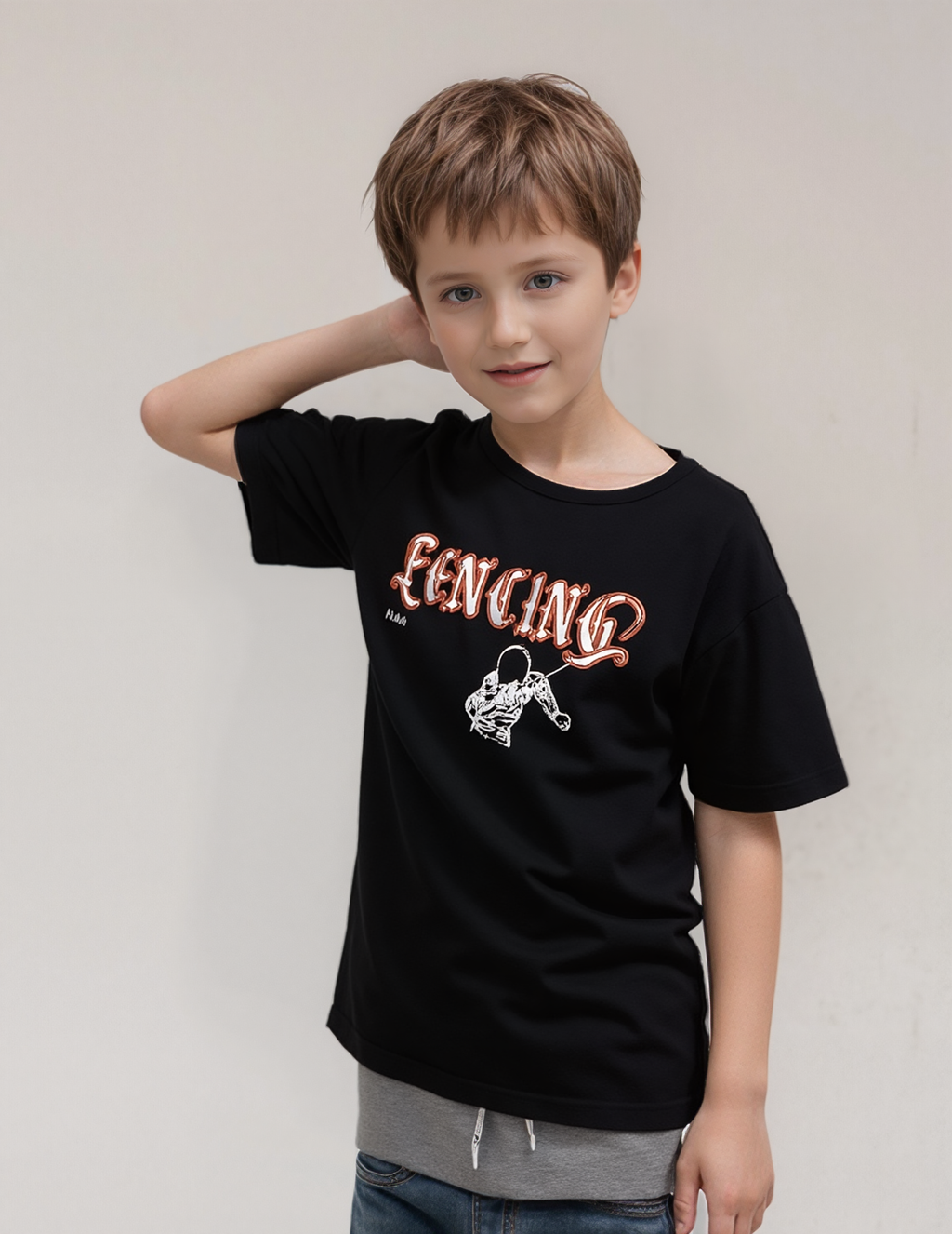 Erkek Çocuk Siyah Renkli Fencing Kabaran Baskılı Tişört