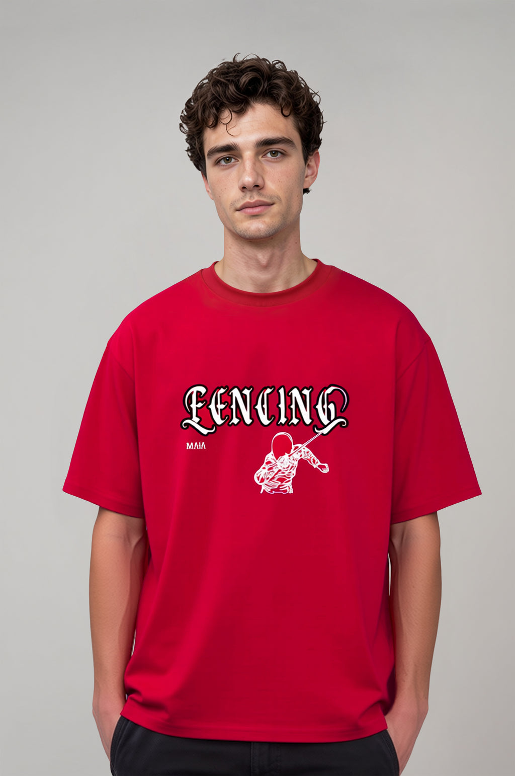 Erkek Kırmızı Renkli Fencing Puff Baskılı Oversize T-shirt