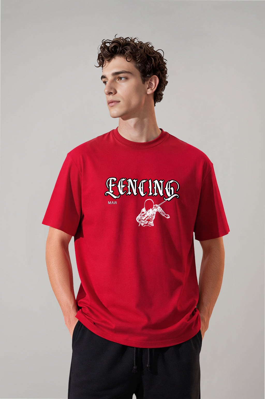 Erkek Kırmızı Renkli Fencing Puff Baskılı Oversize T-shirt
