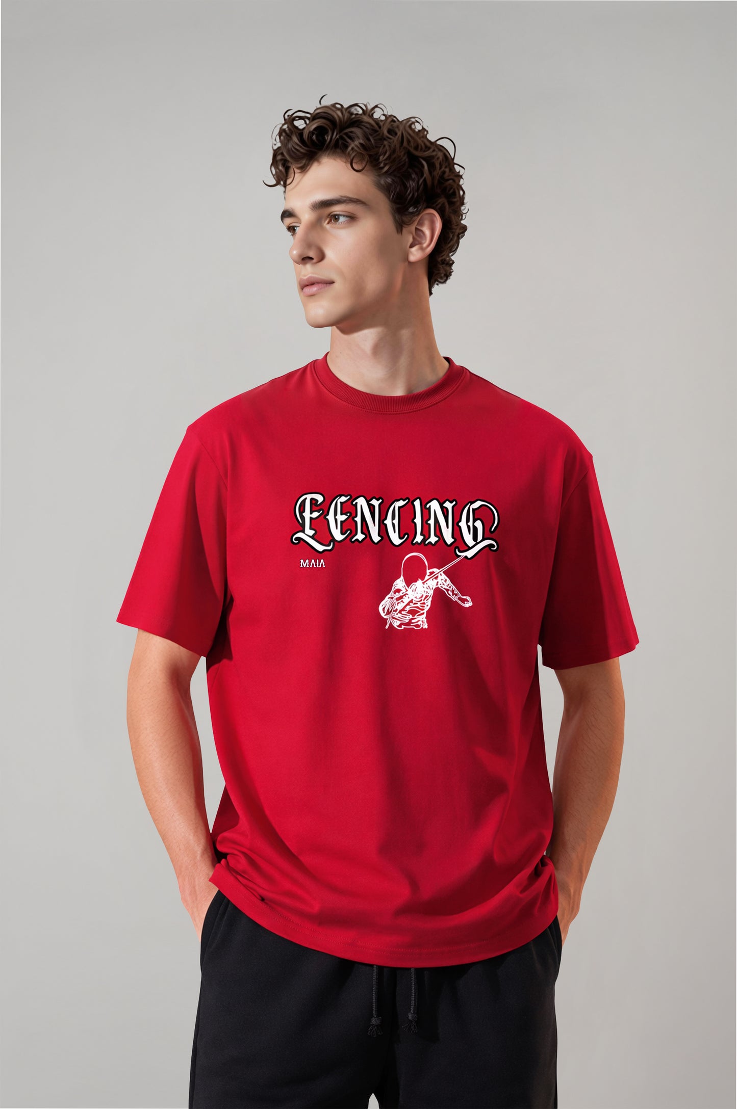 Men's Red Fencing Puff Print Oversize T-shirt 