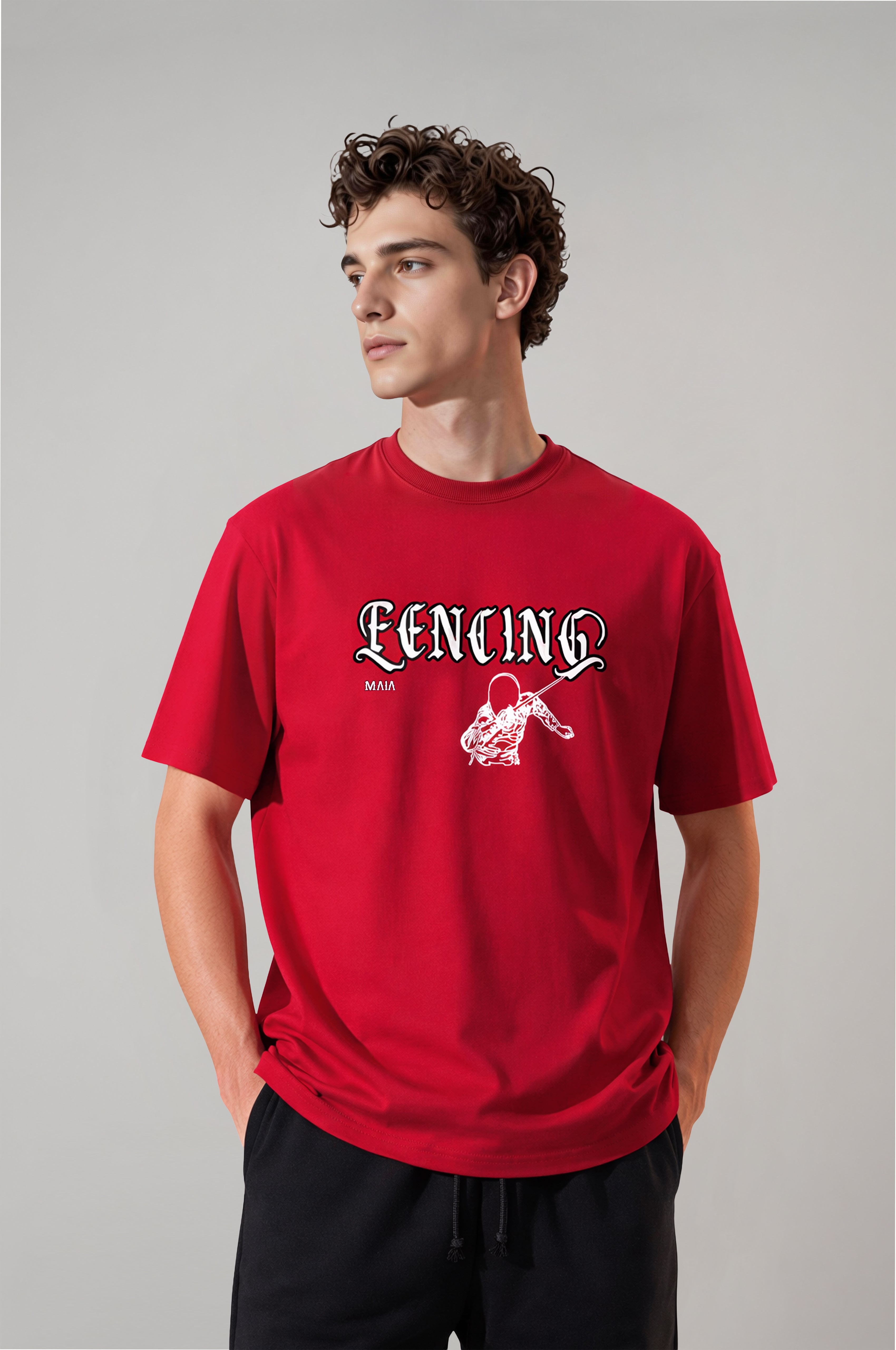 Erkek Kırmızı Renkli Fencing Puff Baskılı Oversize T-shirt