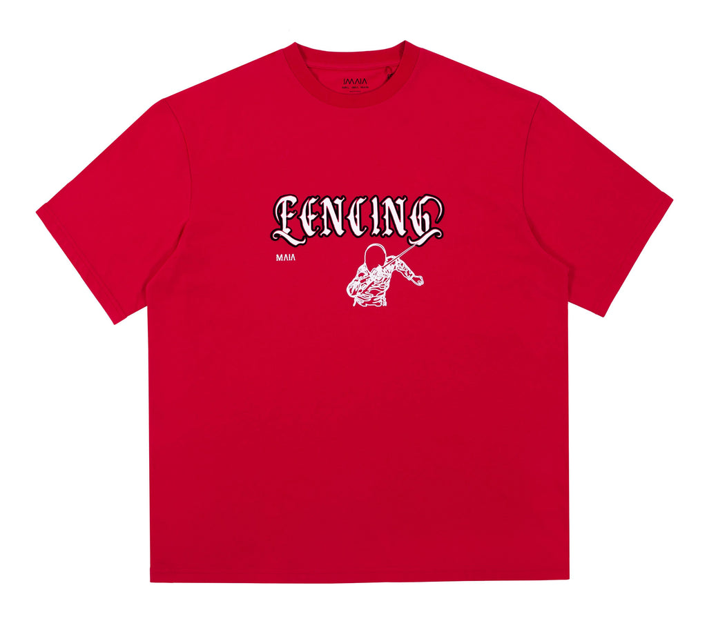 Erkek Kırmızı Renkli Fencing Puff Baskılı Oversize T-shirt