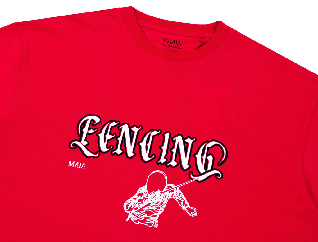 Erkek Kırmızı Renkli Fencing Puff Baskılı Oversize T-shirt
