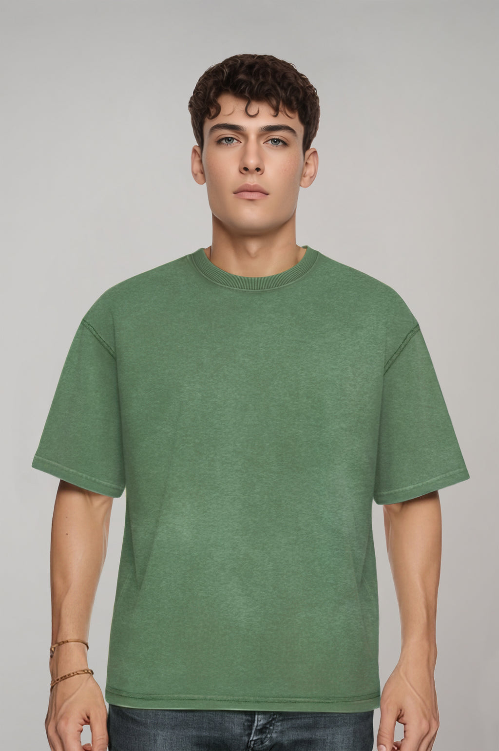 Erkek Yeşil Renkli Yıkama Efektli Tişört