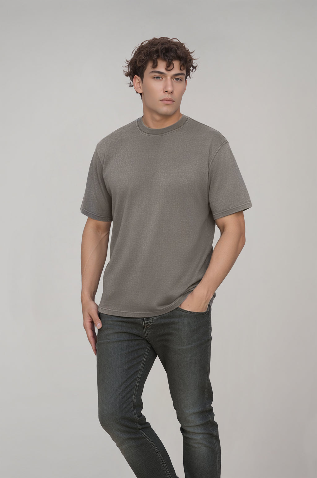 Erkek Gri Renkli Yıkama Efektli Tişört