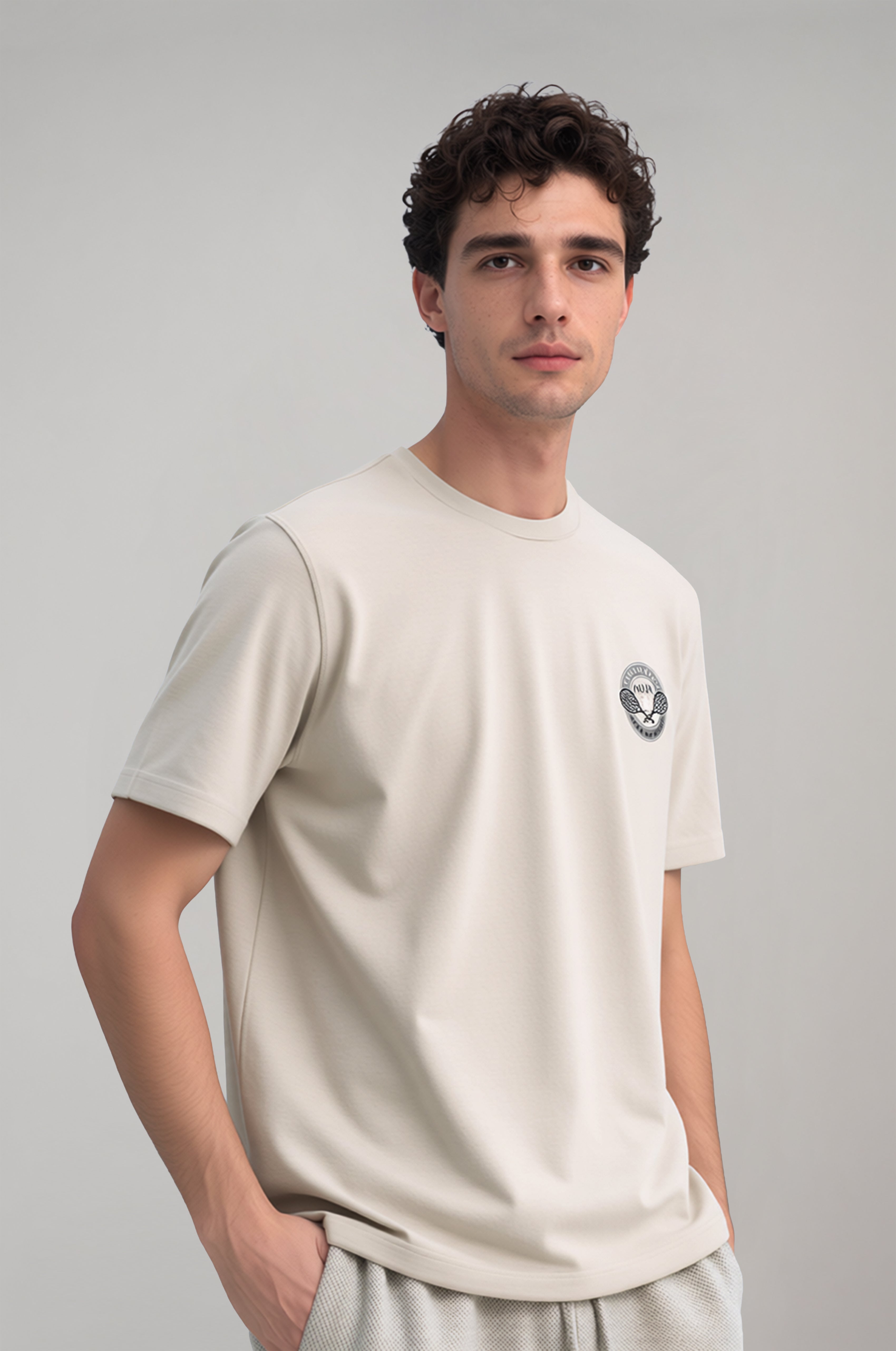 Erkek Taş Renkli Tennis Nakış Detaylı Comfort T-shirt