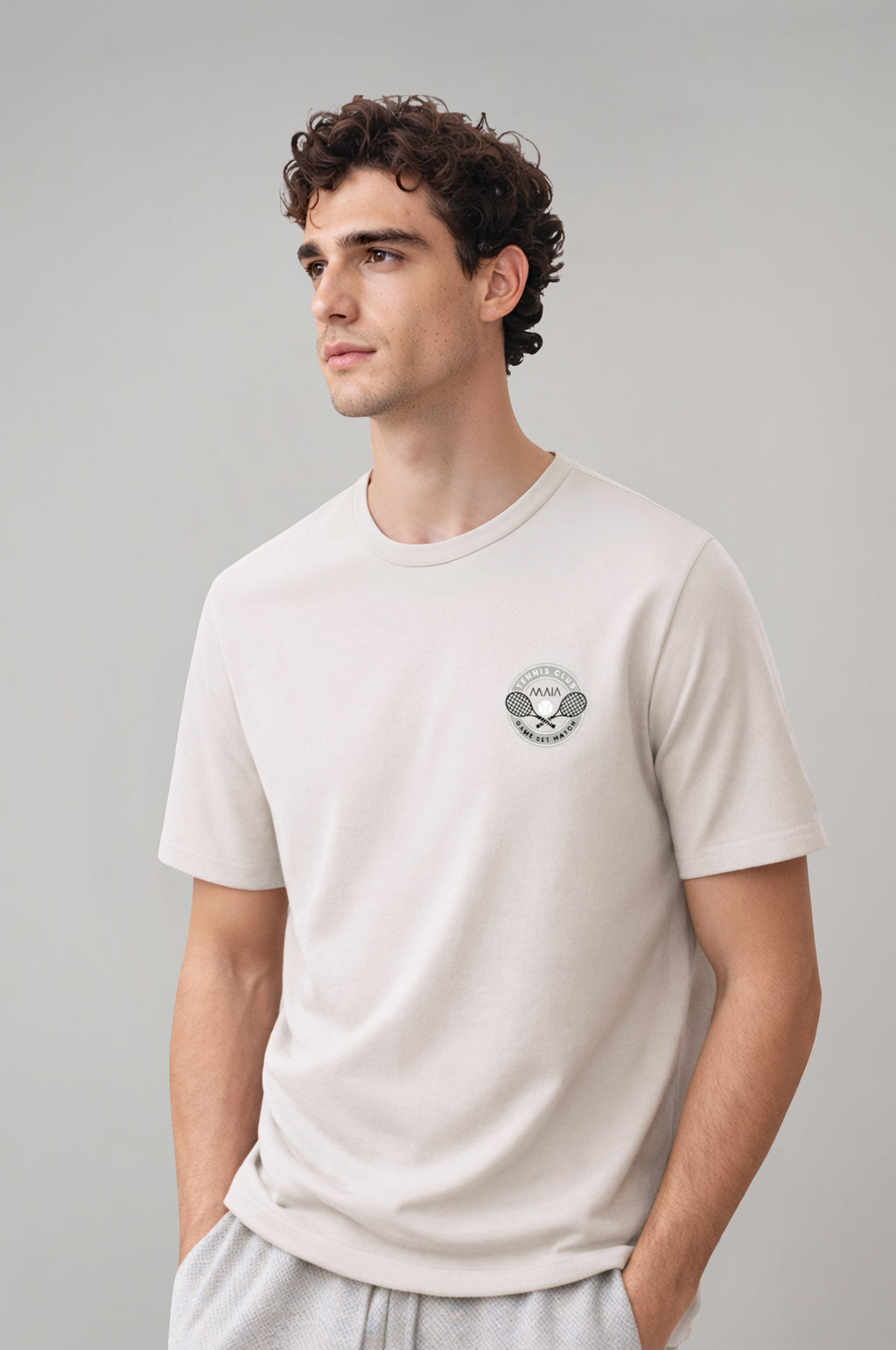 Erkek Taş Renkli Tennis Nakış Detaylı Comfort T-shirt
