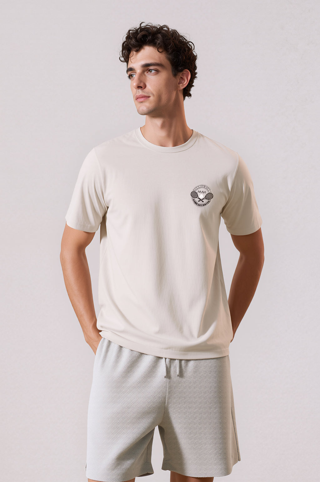 Erkek Taş Renkli Tennis Nakış Detaylı Comfort T-shirt