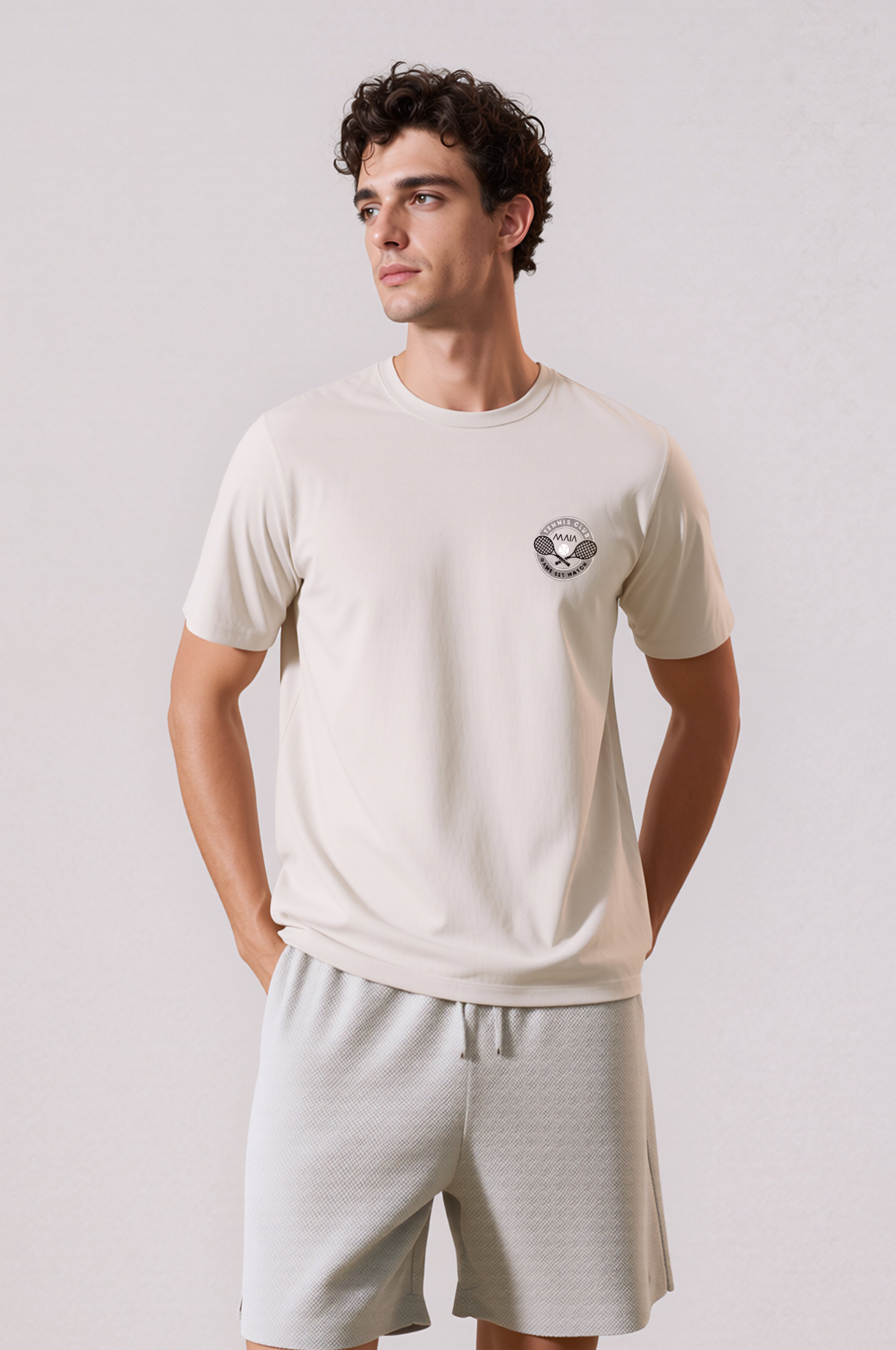 Erkek Taş Renkli Tennis Nakış Detaylı Comfort T-shirt