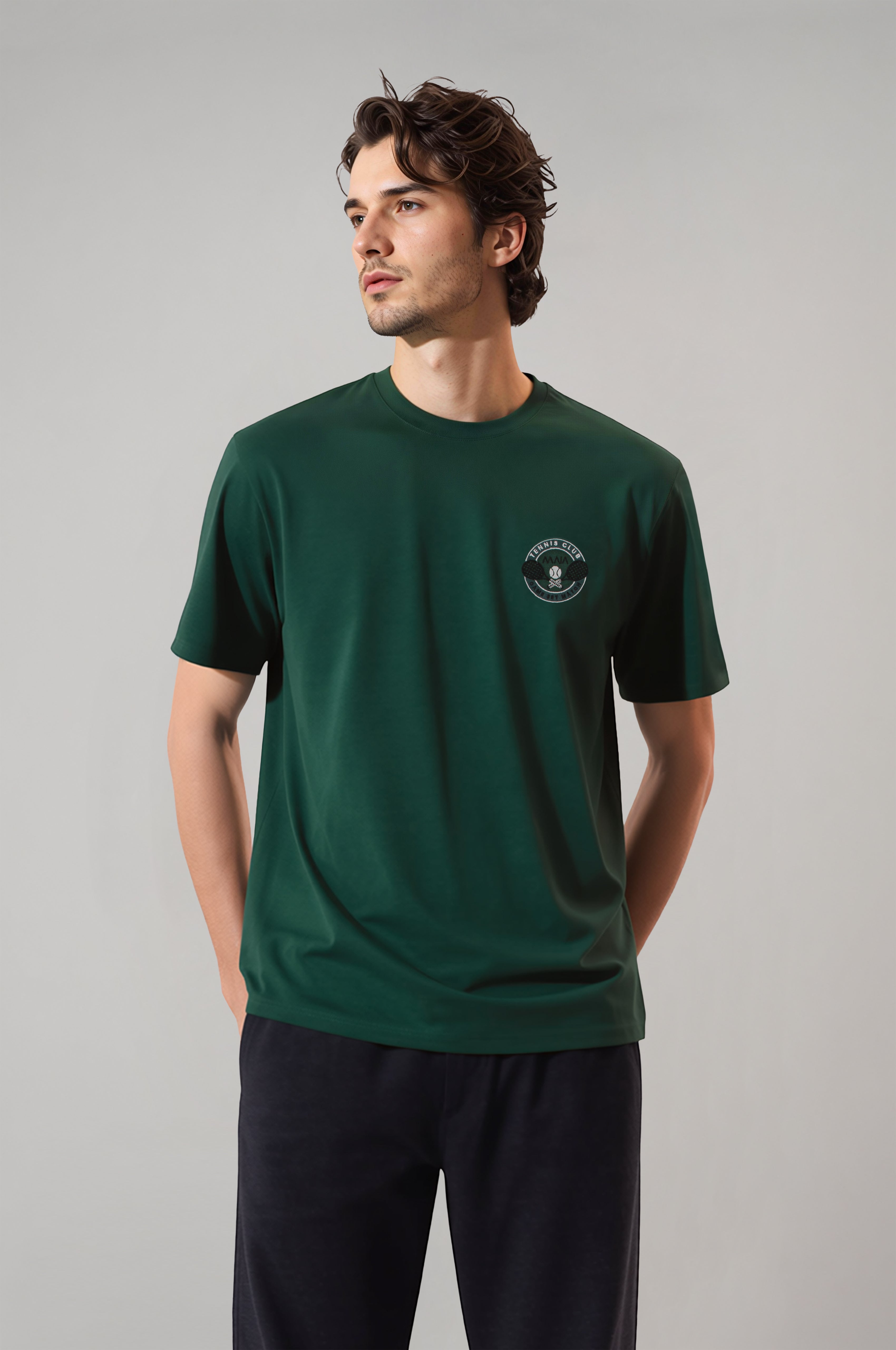 Erkek Yeşil Renkli  Tennis Nakış Detaylı Comfort T-shirt