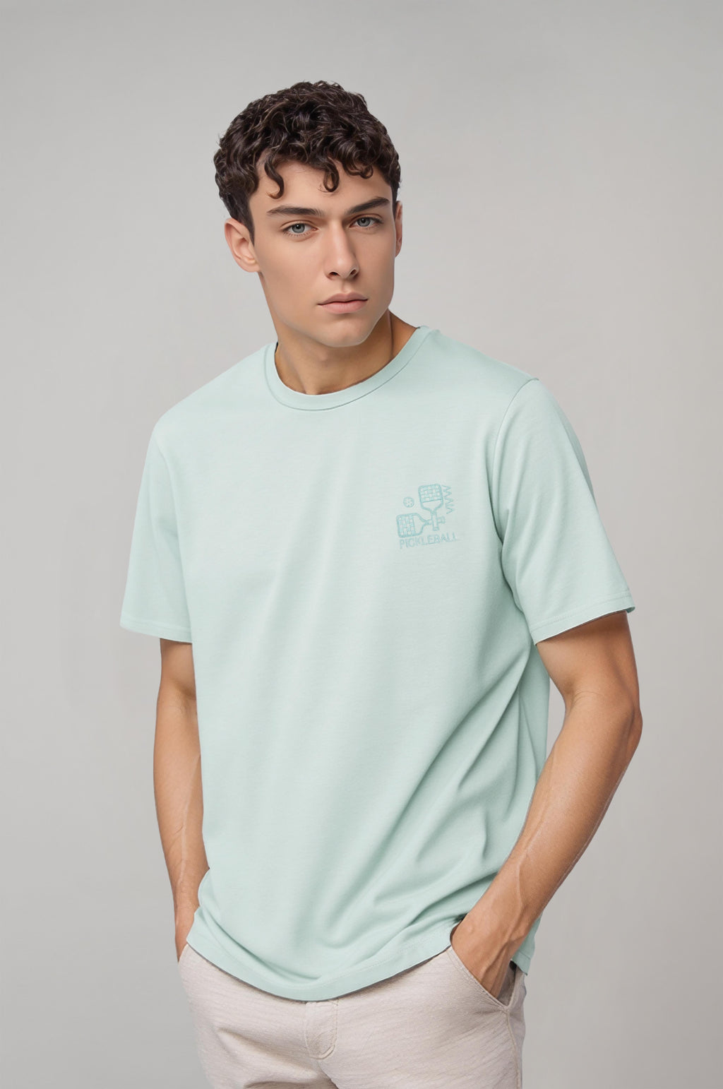 Erkek Su Yeşili Renkli Pickleball Nakış Detaylı T-shirt