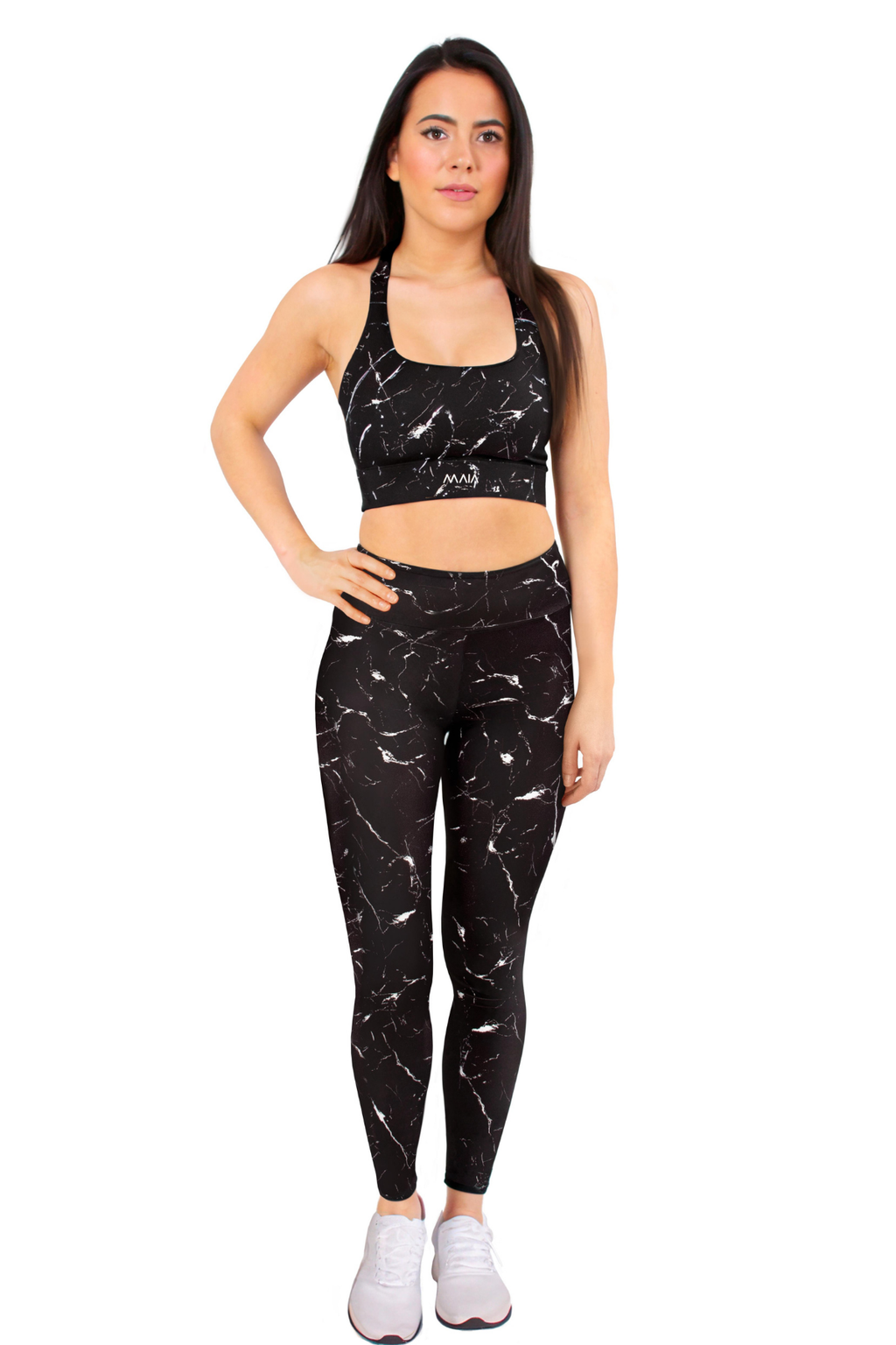 Women's Black Marble Pattern Leggings &amp; Bra Set 