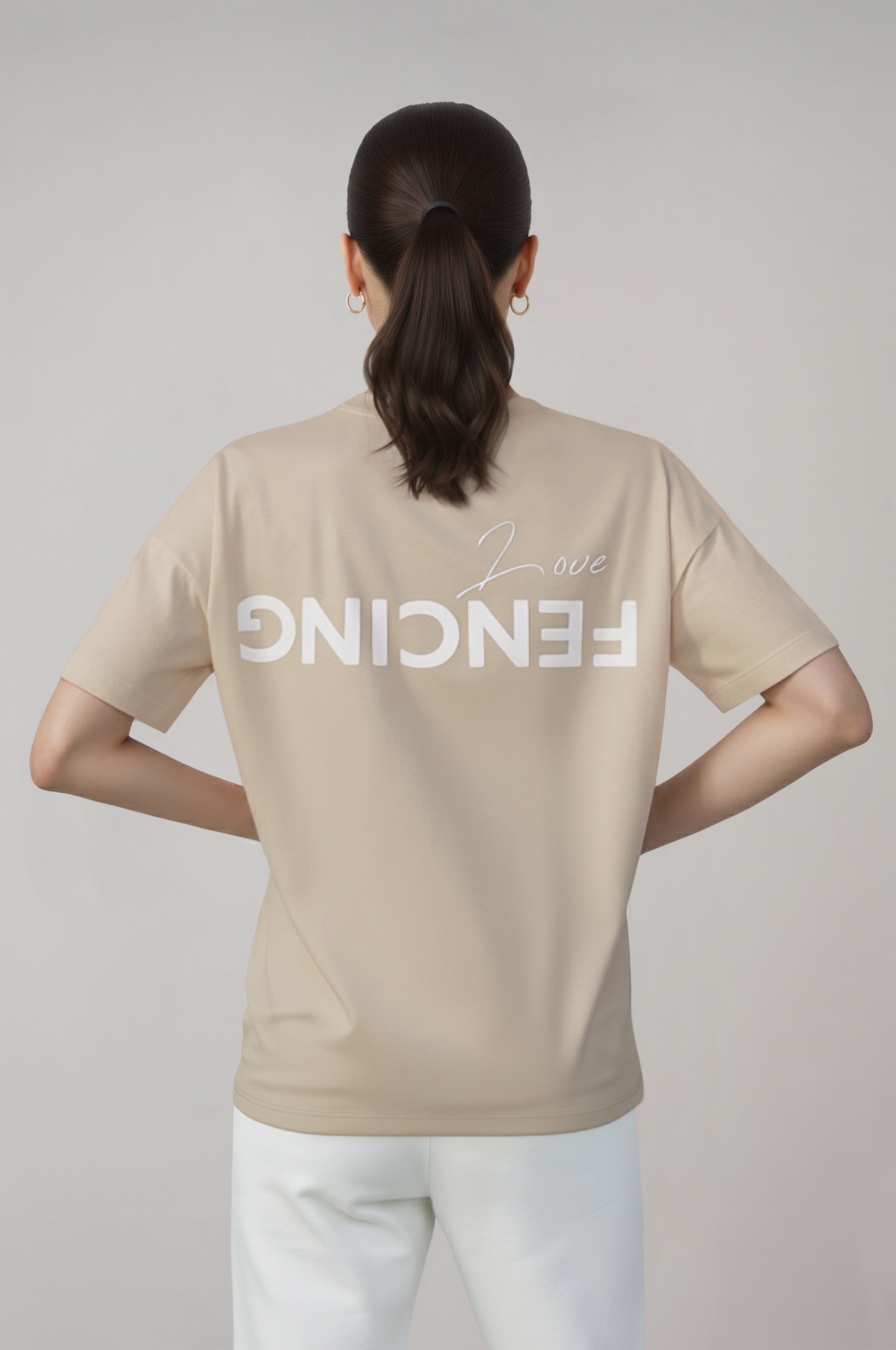 Kadın Fencing Love Baskılı Oversize Bej Tshirt