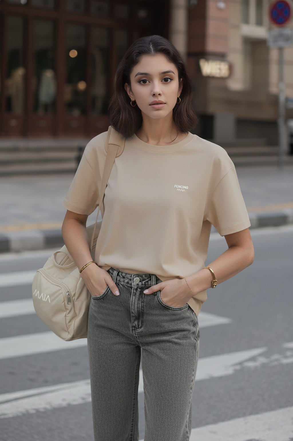 Kadın Fencing Love Baskılı Oversize Bej Tshirt