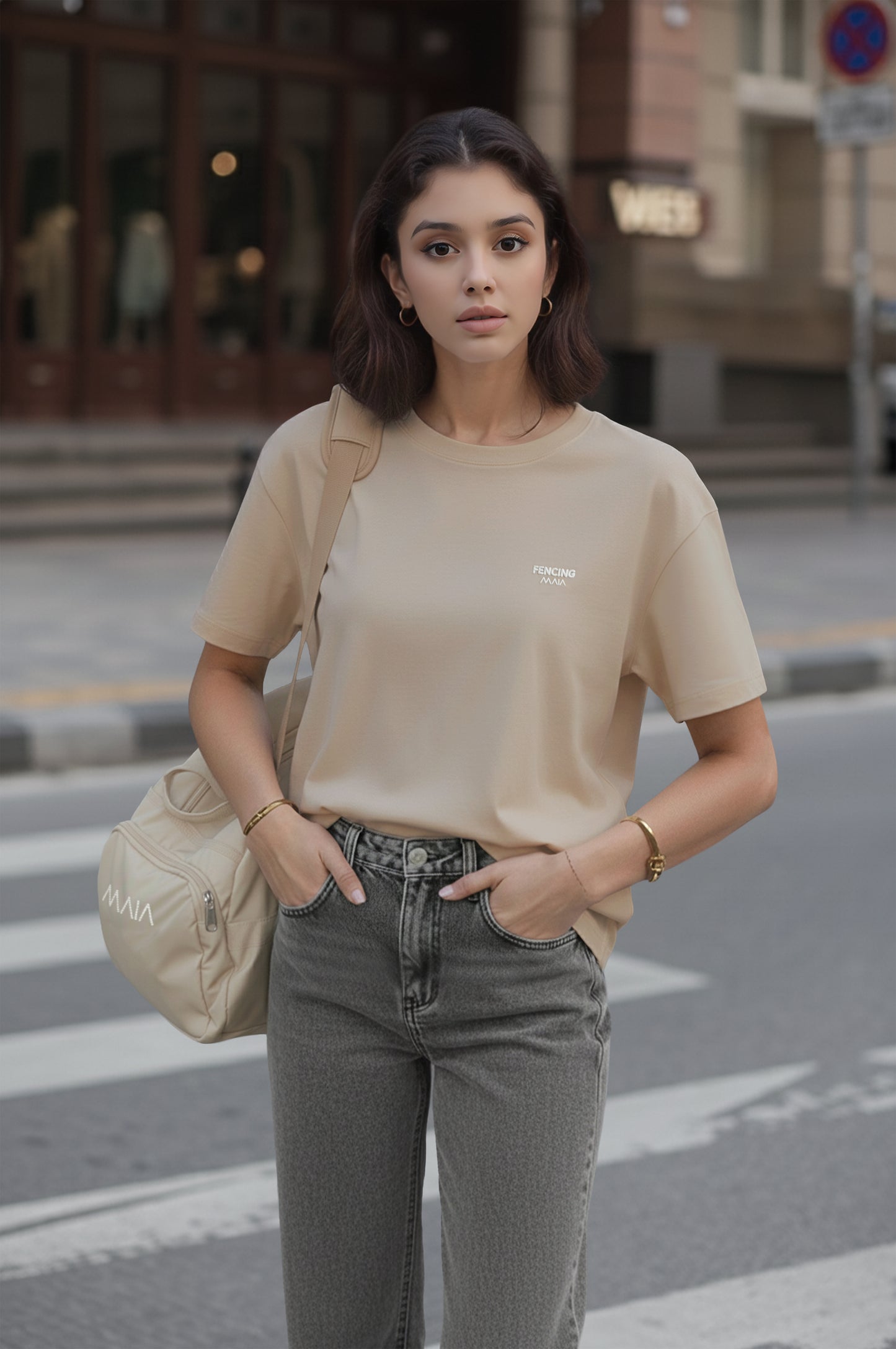 Kadın Fencing Love Baskılı Oversize Bej Tshirt