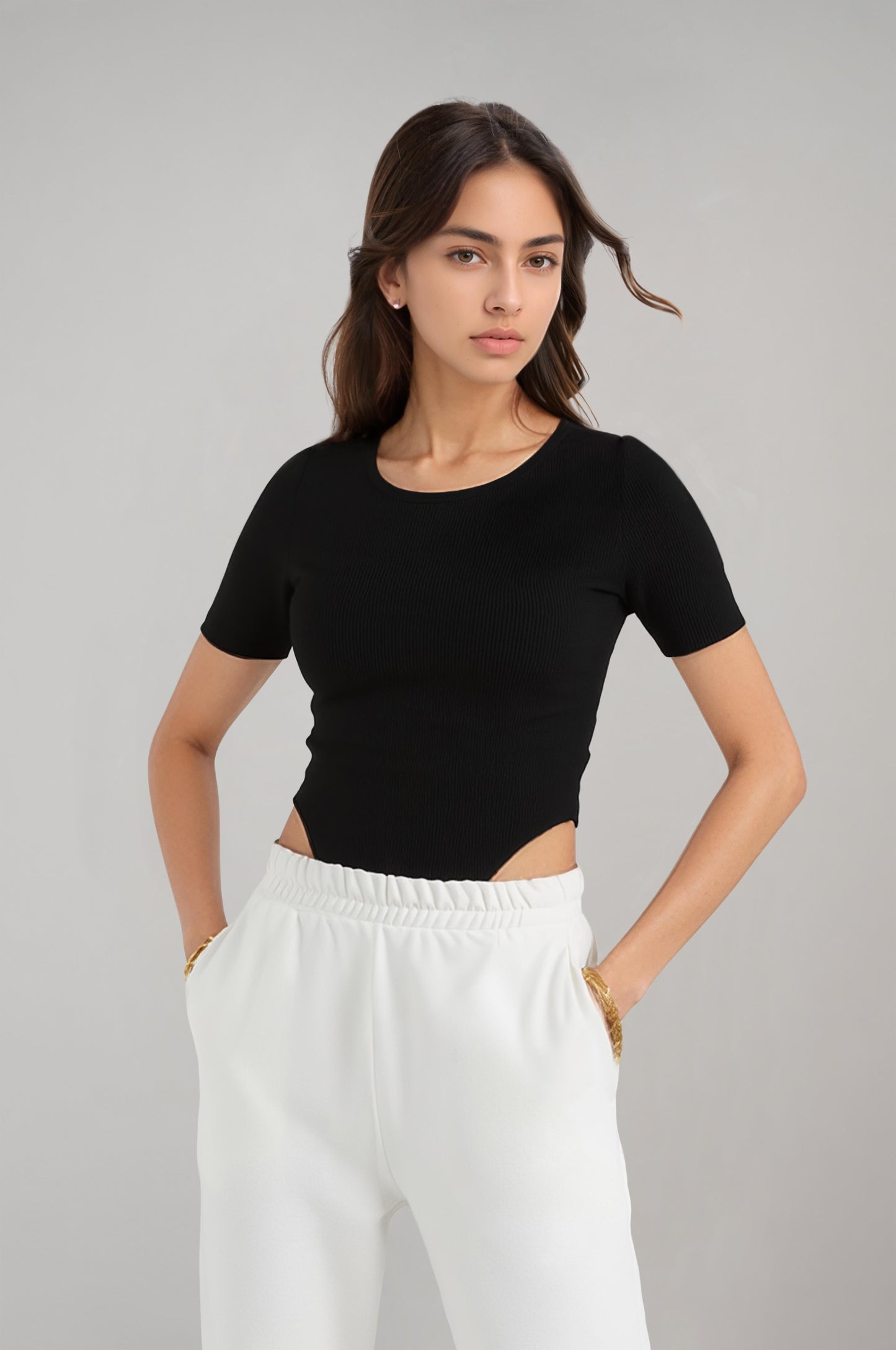 Kadın Siyah Kısa Kollu Kaşkorse Alttan Çıtçıtlı Body