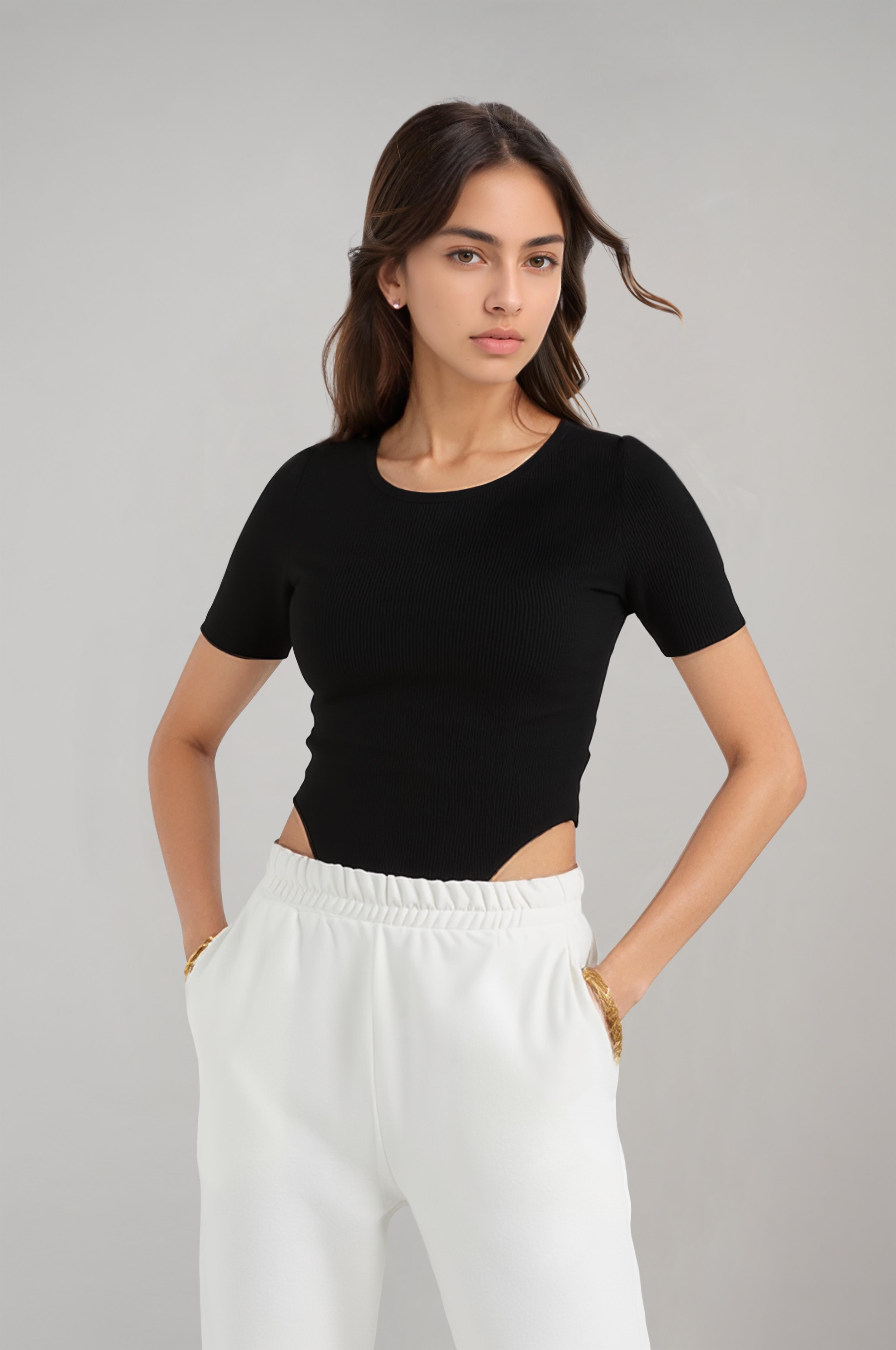 Kadın Siyah Kısa Kollu Kaşkorse Alttan Çıtçıtlı Body