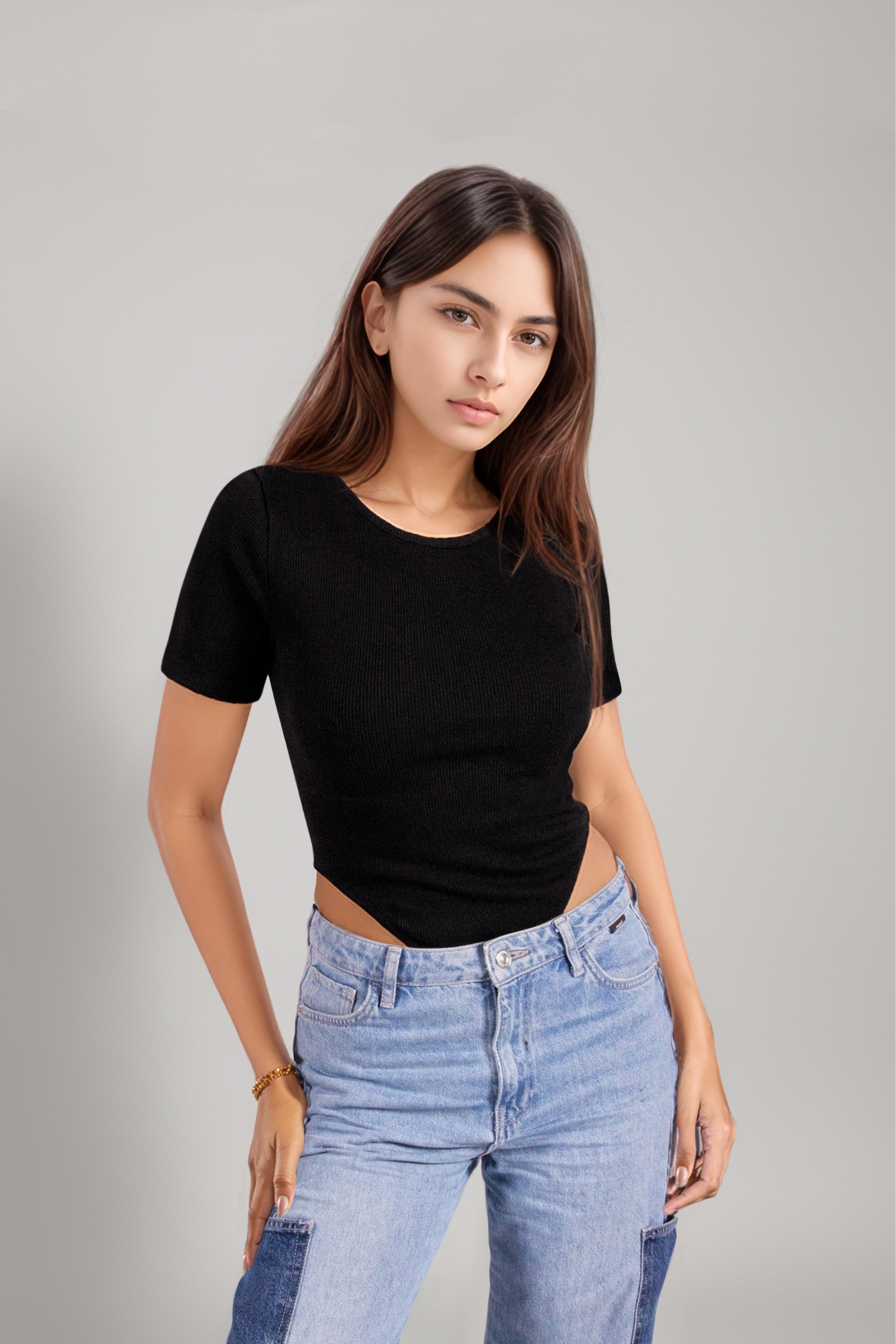 Kadın Siyah Kısa Kollu Kaşkorse Alttan Çıtçıtlı Body