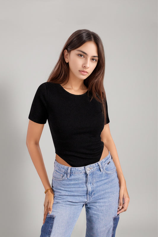 Women's Black Short-Sleeved Camisole Bodysuit with Snap Closure