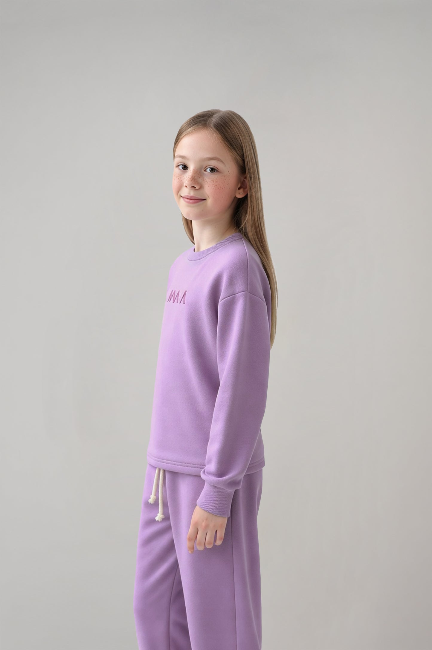 Kız Çocuk Lila Baskılı Sweatshirt & Eşofman Takımı