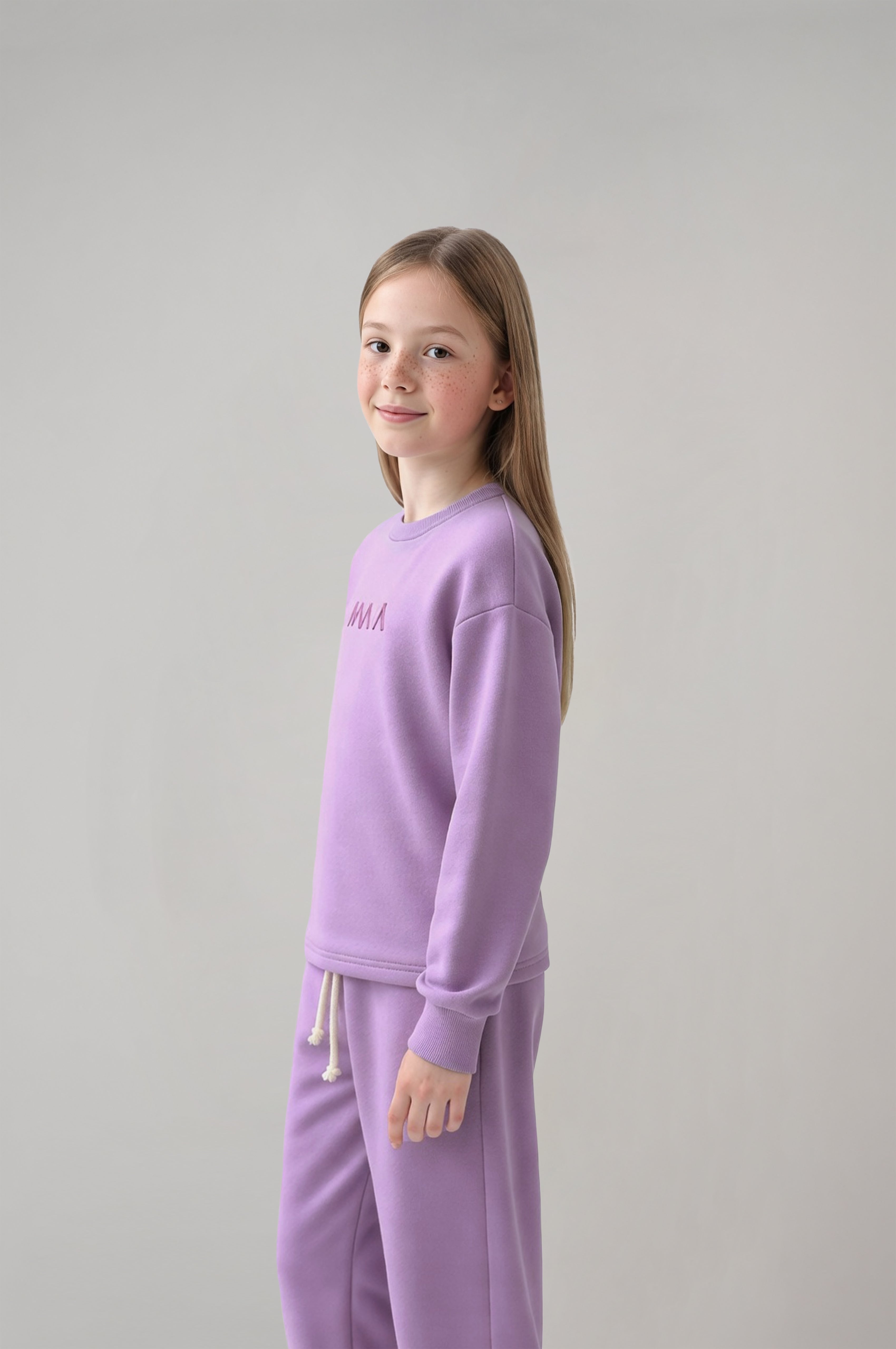 Kız Çocuk Lila Baskılı Sweatshirt & Eşofman Takımı