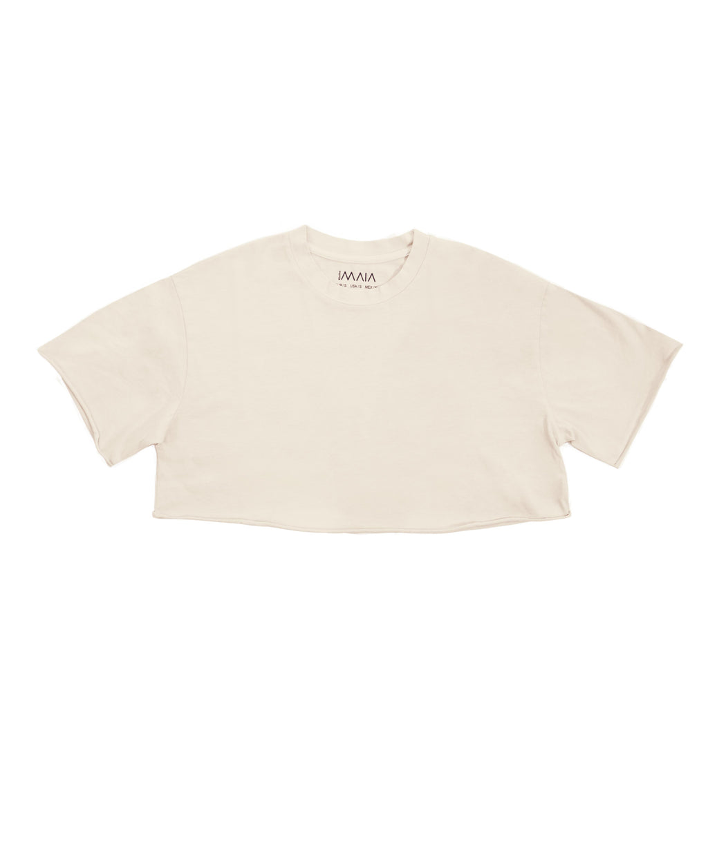 Kadın Ekru Renkli Yıkama Efektli Crop T-shirt