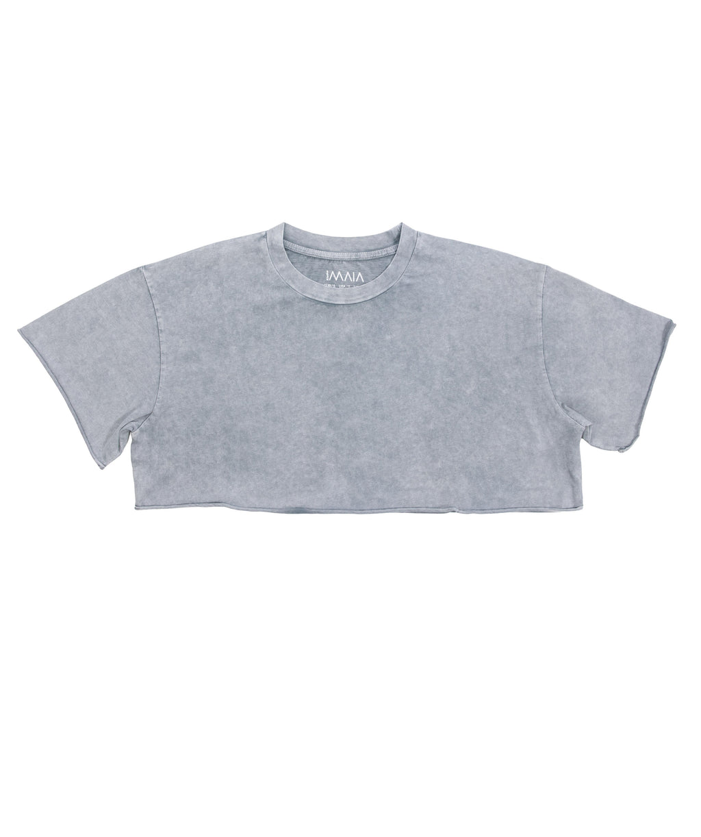 Kadın Gri Renkli Yıkama Efektli Crop T-shirt