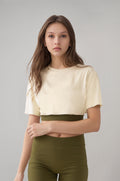 Kadın Ekru Renkli Yıkama Efektli Crop T-shirt