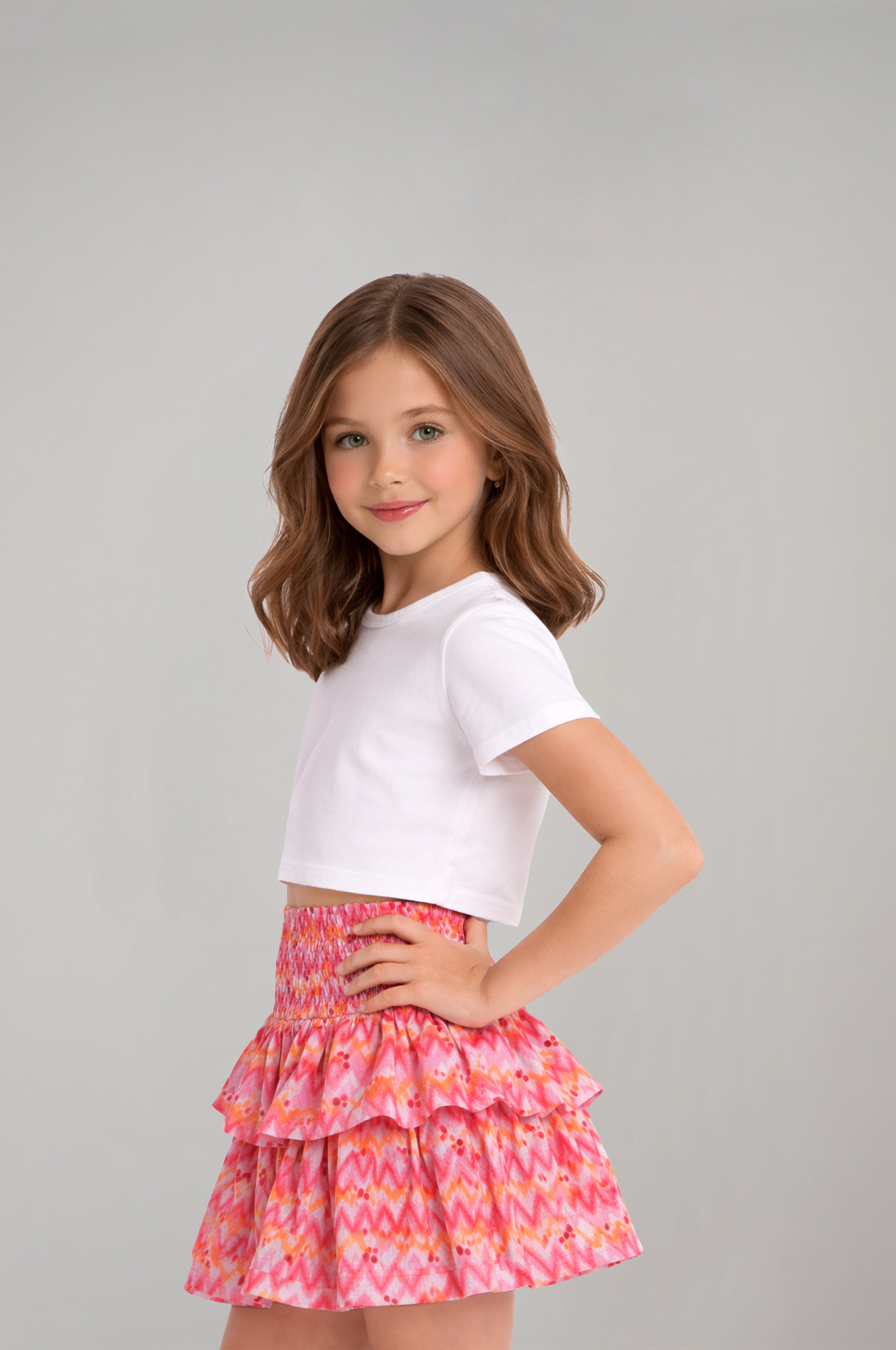 Kız Çocuk Pembe Desenli Pileli Etek