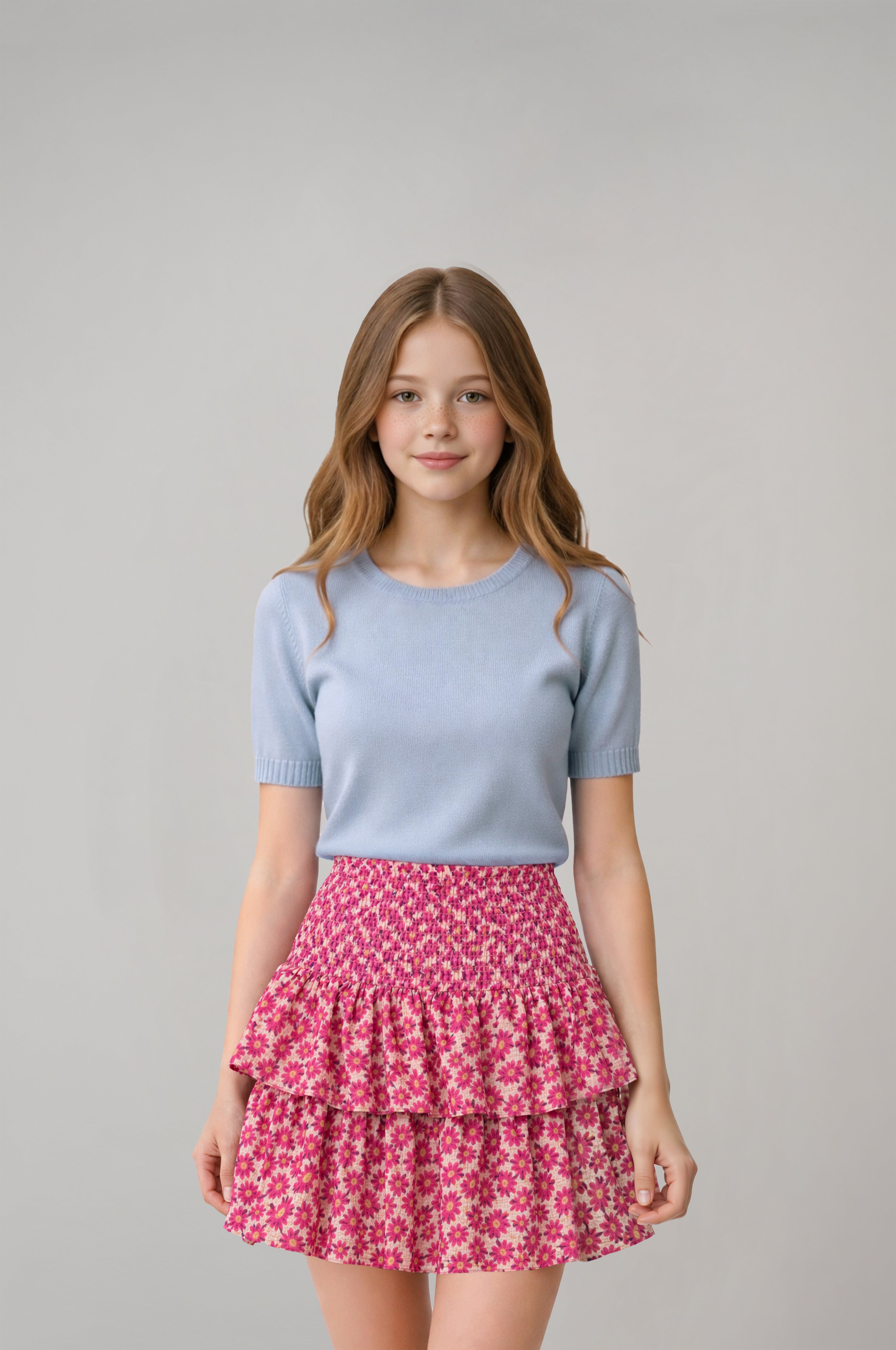 Kız Çocuk Pembe Çiçek Desenli Pileli Etek