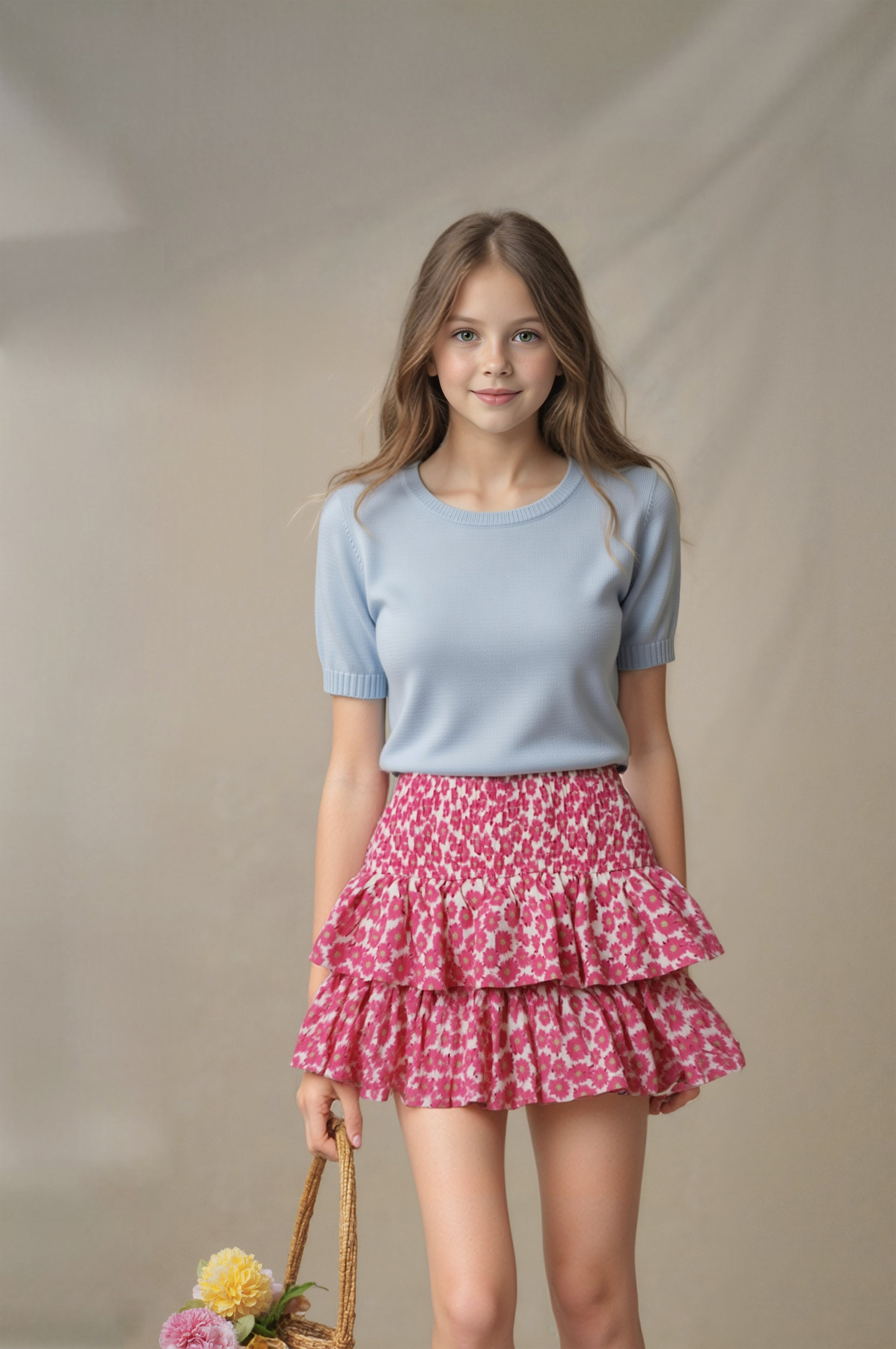 Kız Çocuk Pembe Çiçek Desenli Pileli Etek