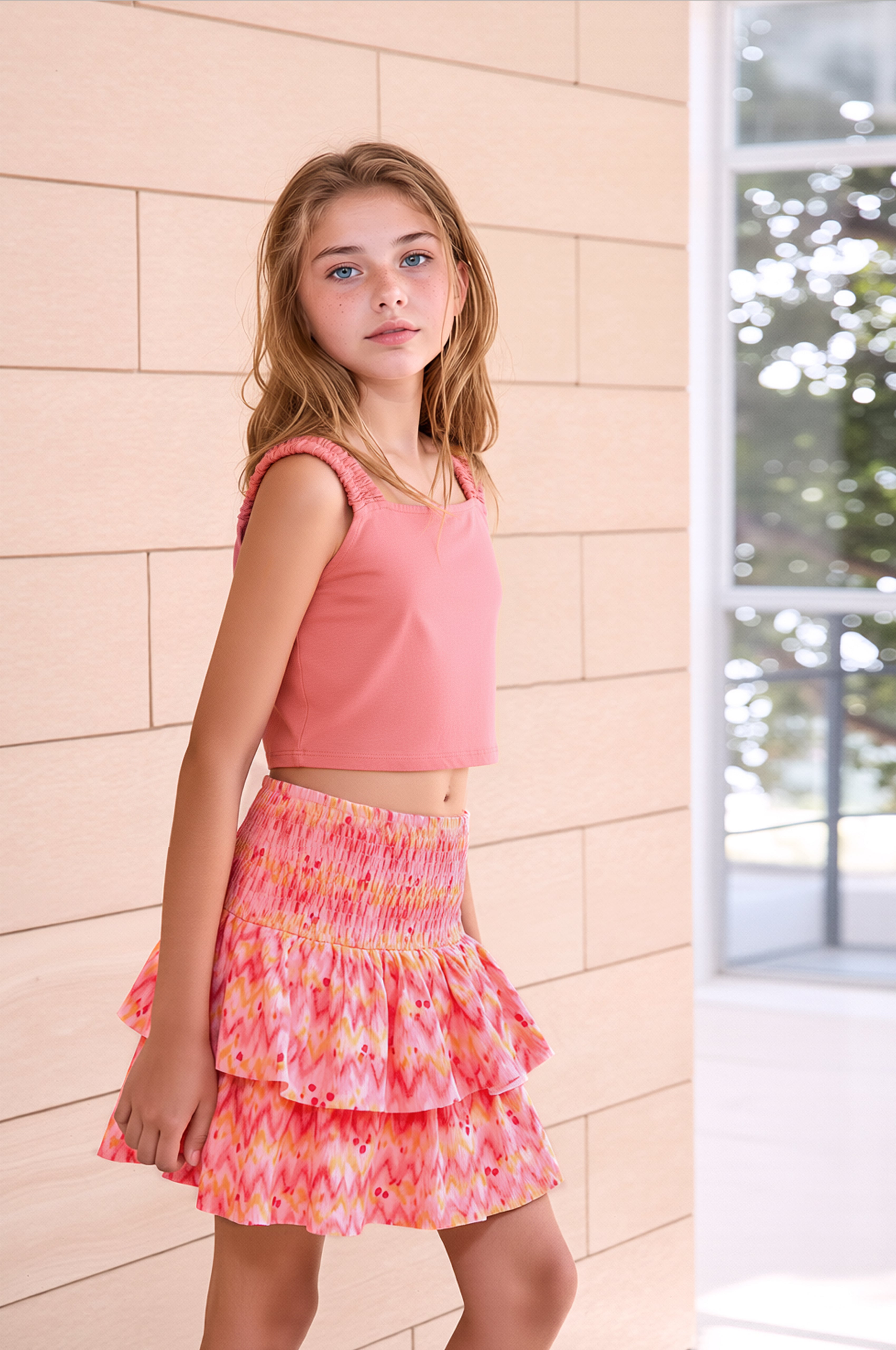 Kız Çocuk Pembe Desenli Pileli Etek