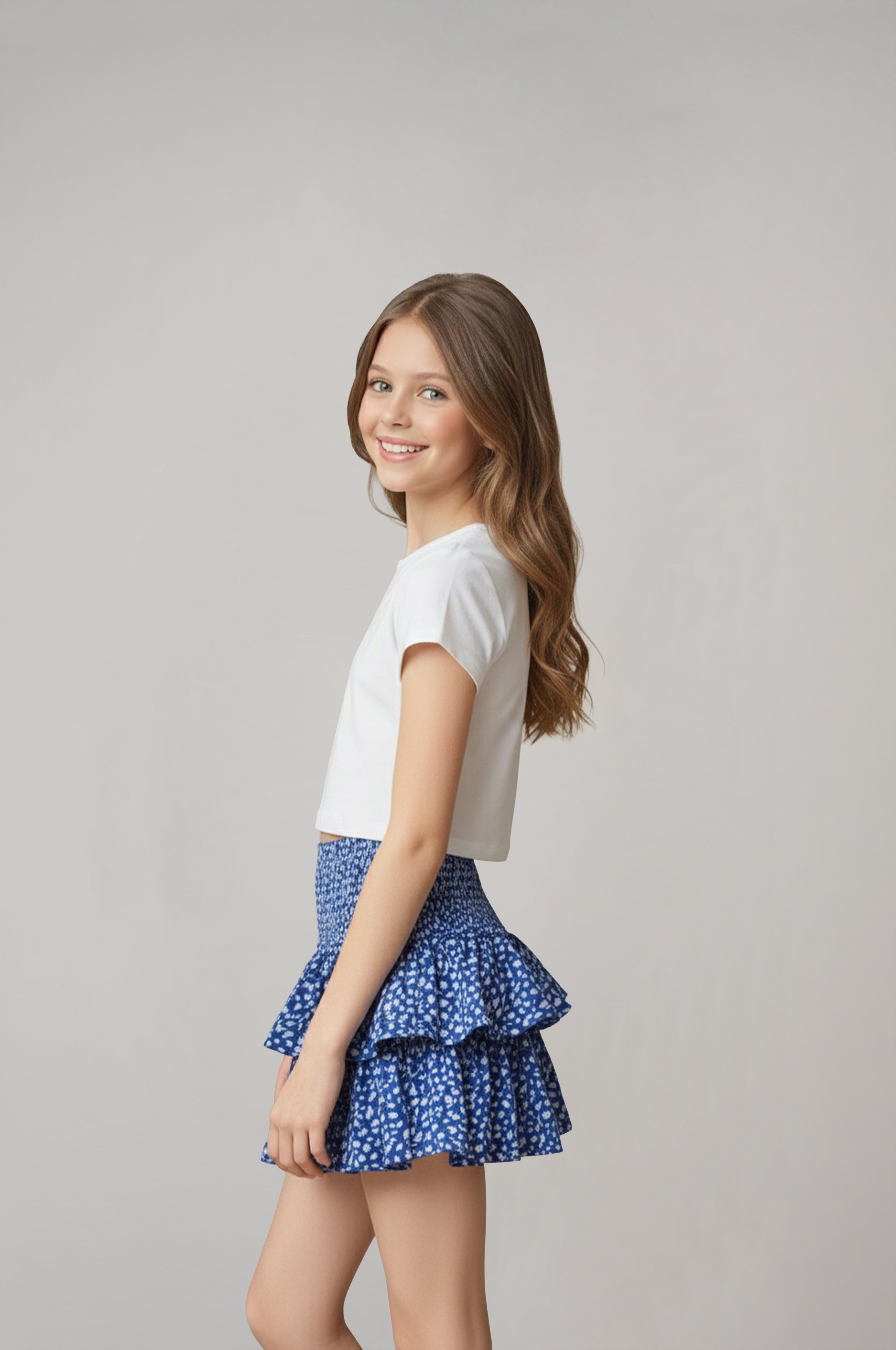 Kız Çocuk Mavi Çiçek Desenli Pileli Etek