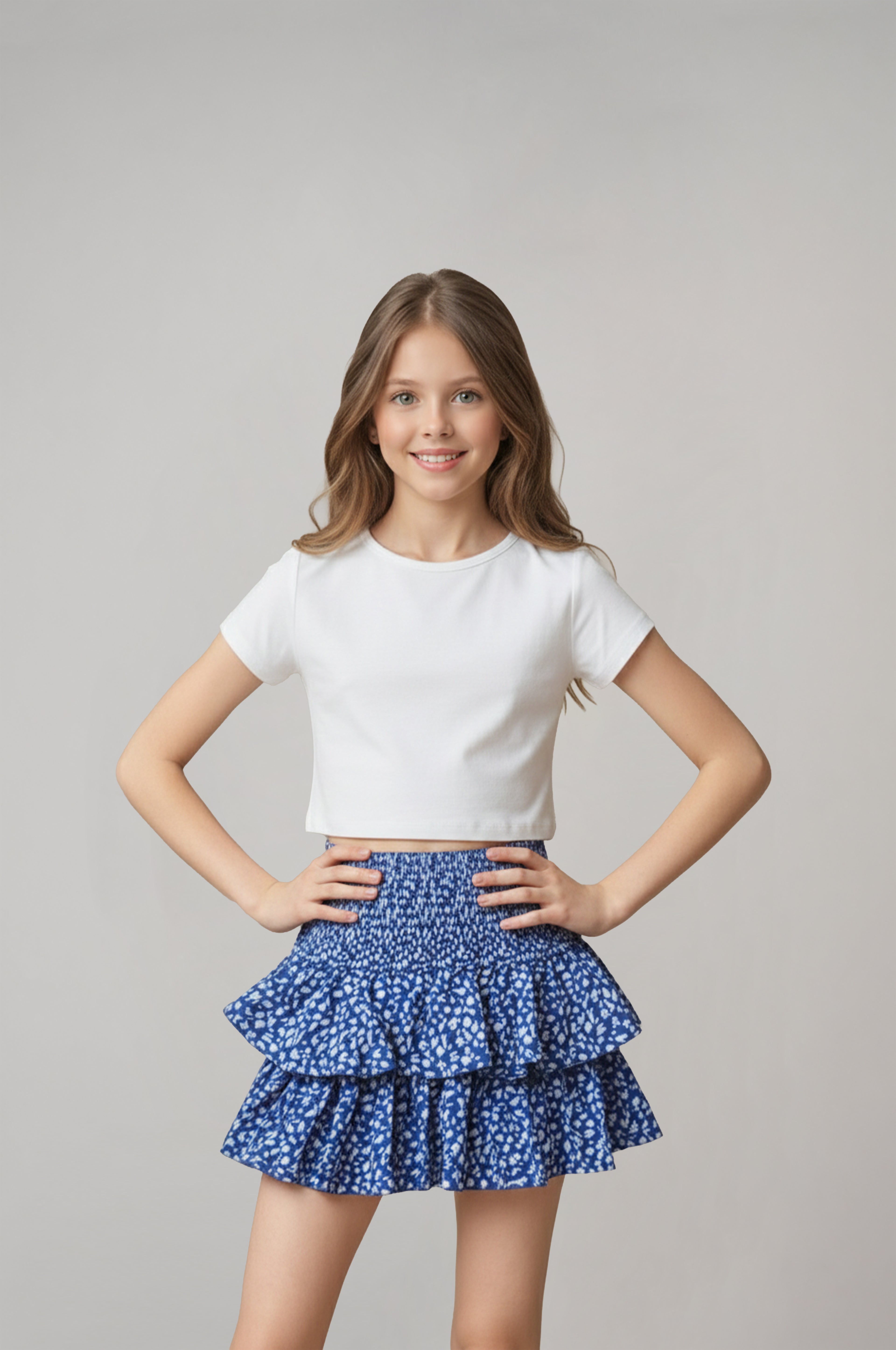 Kız Çocuk Mavi Çiçek Desenli Pileli Etek