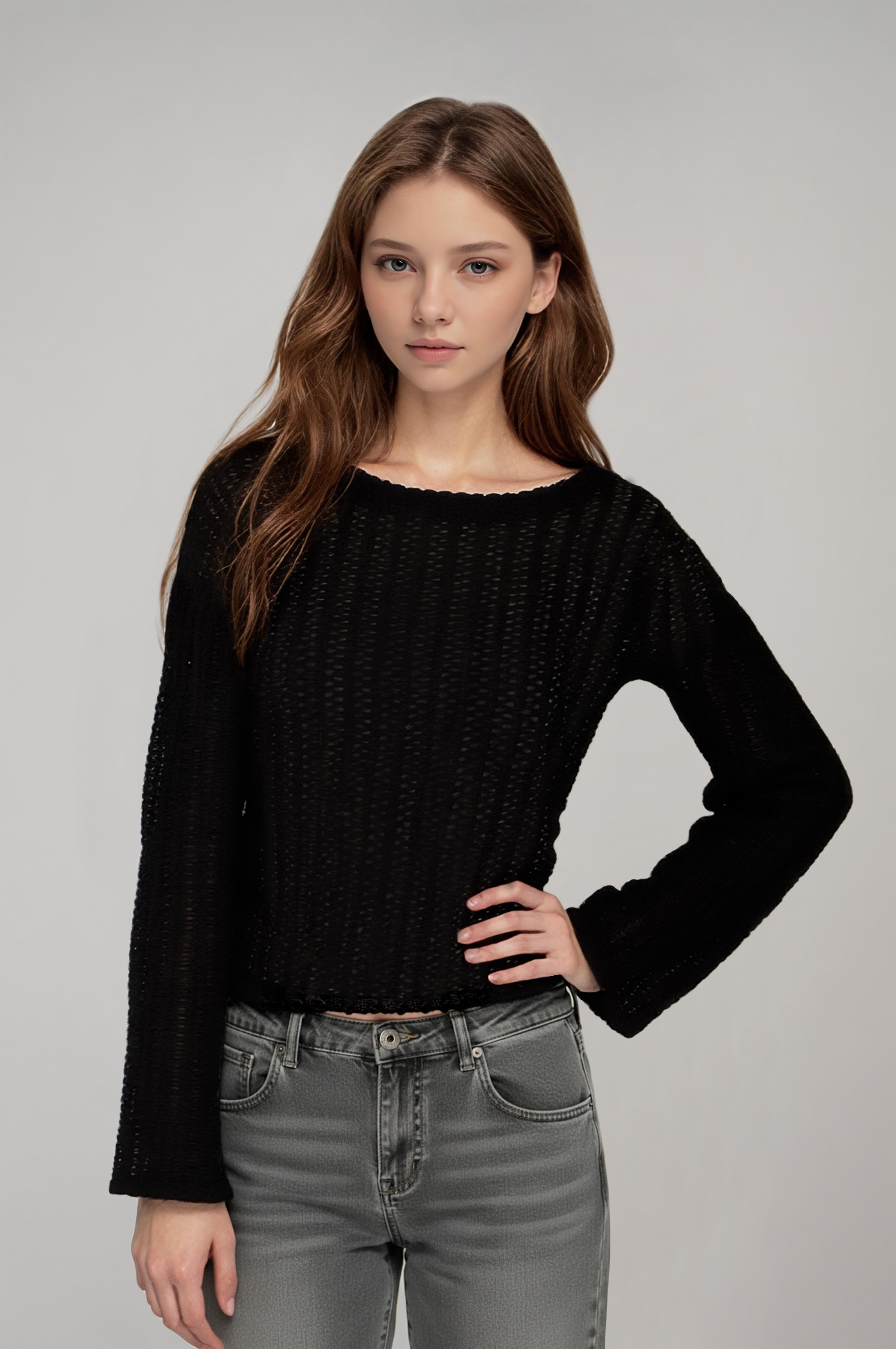 Kadın Ajurlu Delikli Siyah Bluz