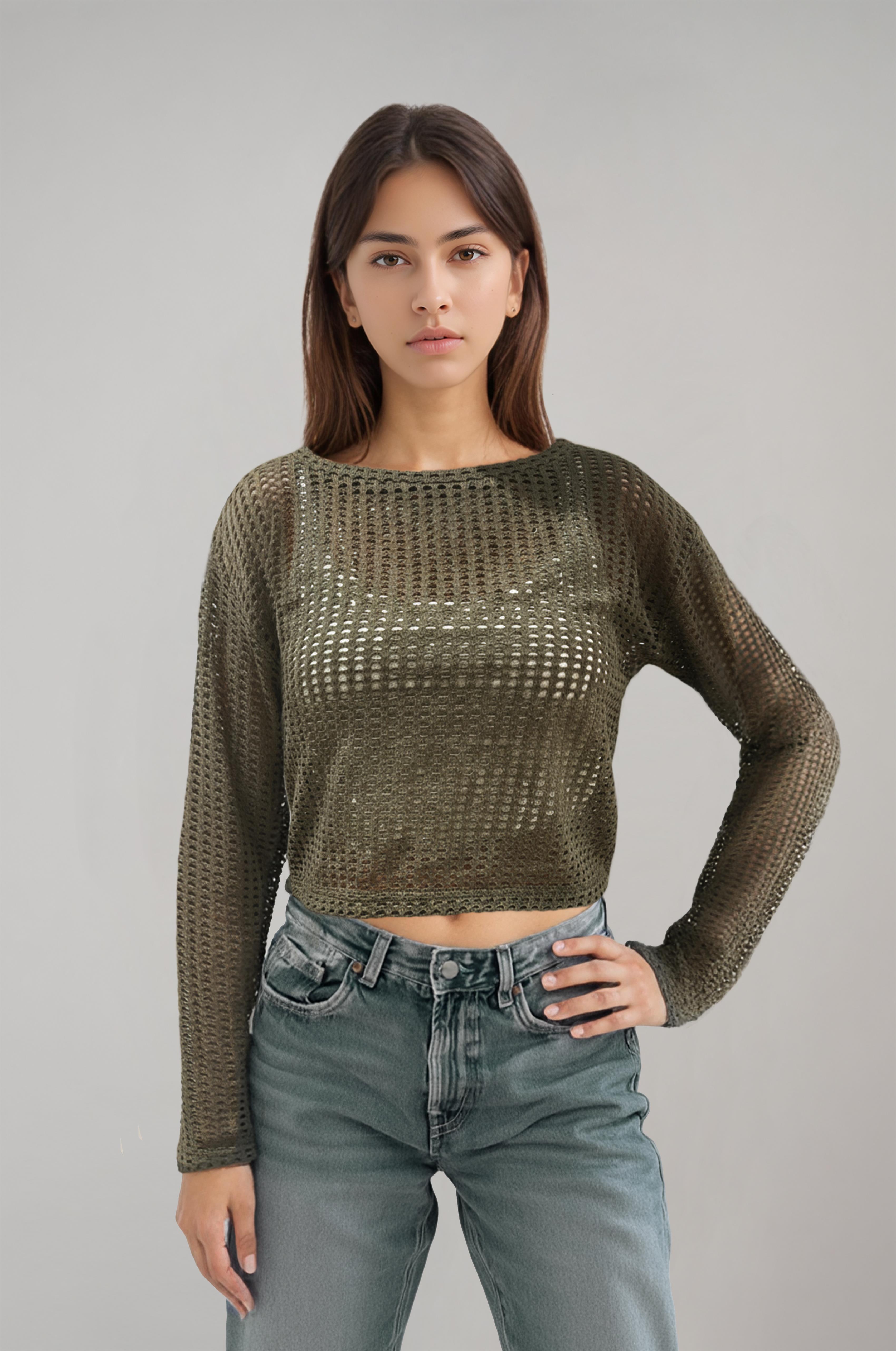 Kadın Ajurlu Delikli Haki Bluz